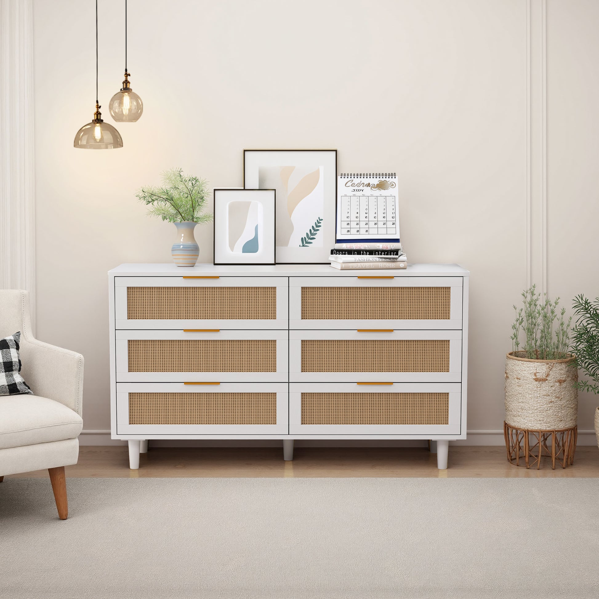 51.18"6 Drawers Rattan Storage Cabinet Rattan Drawer,For Bedroom,Living Room,White Same Sku:W757P174986 White Mdf