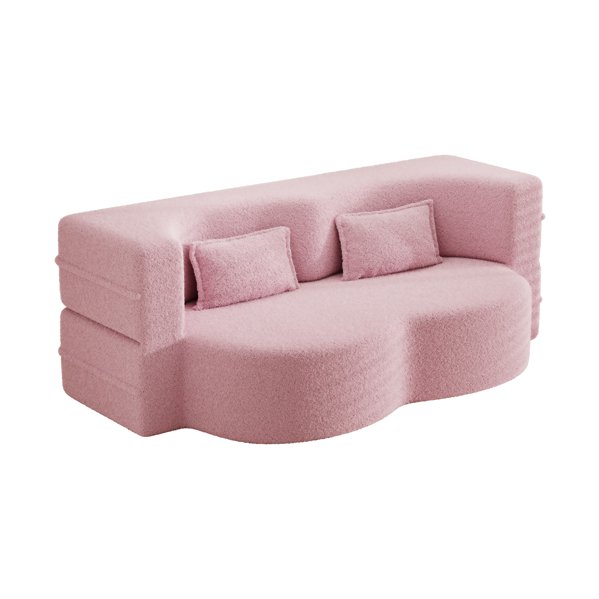 Modern Floor Sofa With 2 Pillows,Convertible Teddy Fabric Foam Filled Sleeper Sofa Bed,15" Full Size Folding Mattress For Living Room,Guest Bed,Playroom,No Assembly Required,Pink Old