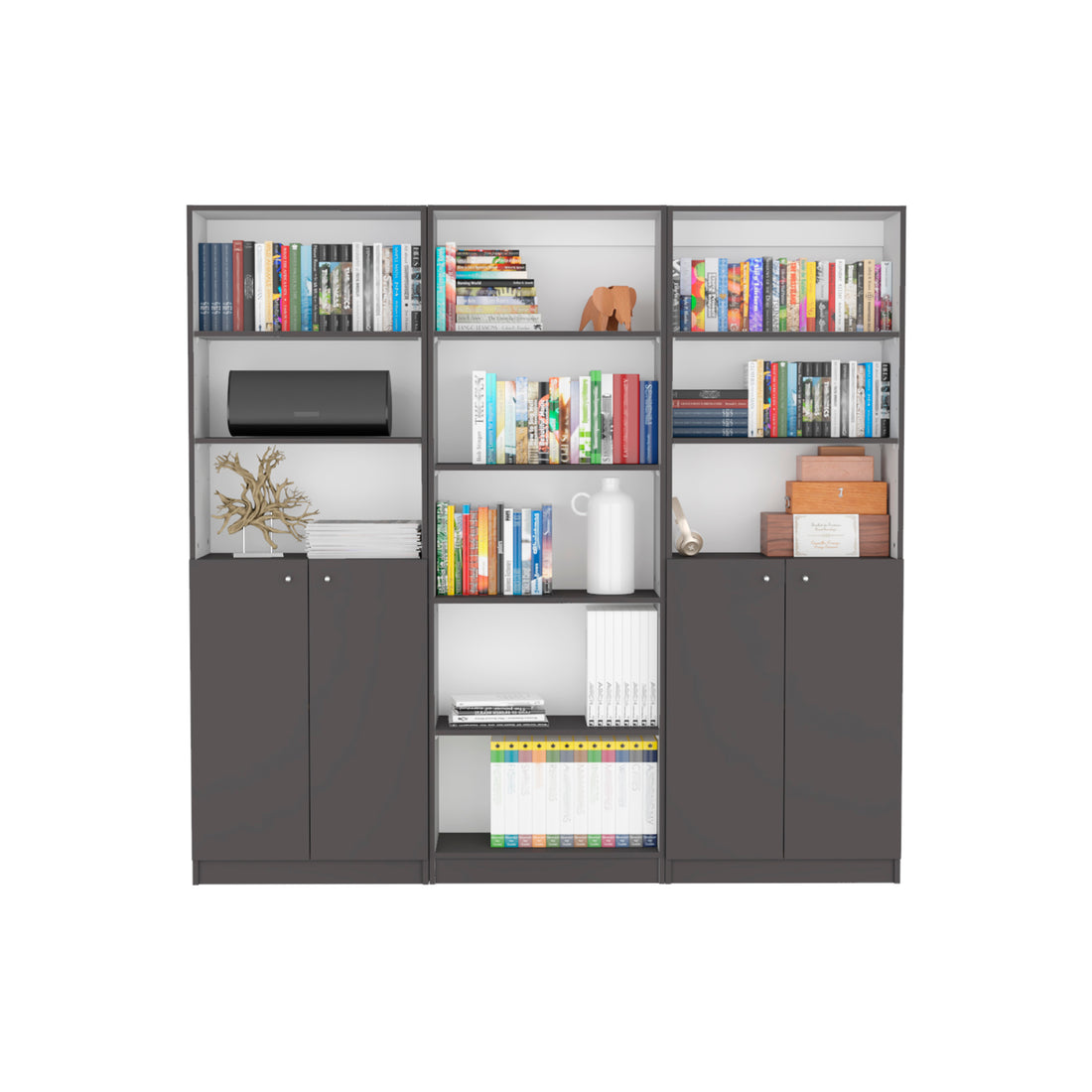 Arbor 3 Piece Home Bookcase Set, 74" Wide With 11 Shelves And Two Double Door Cabinetliving Room Set Matt Gray White Freestanding Multicolor Office Modern Particle Board