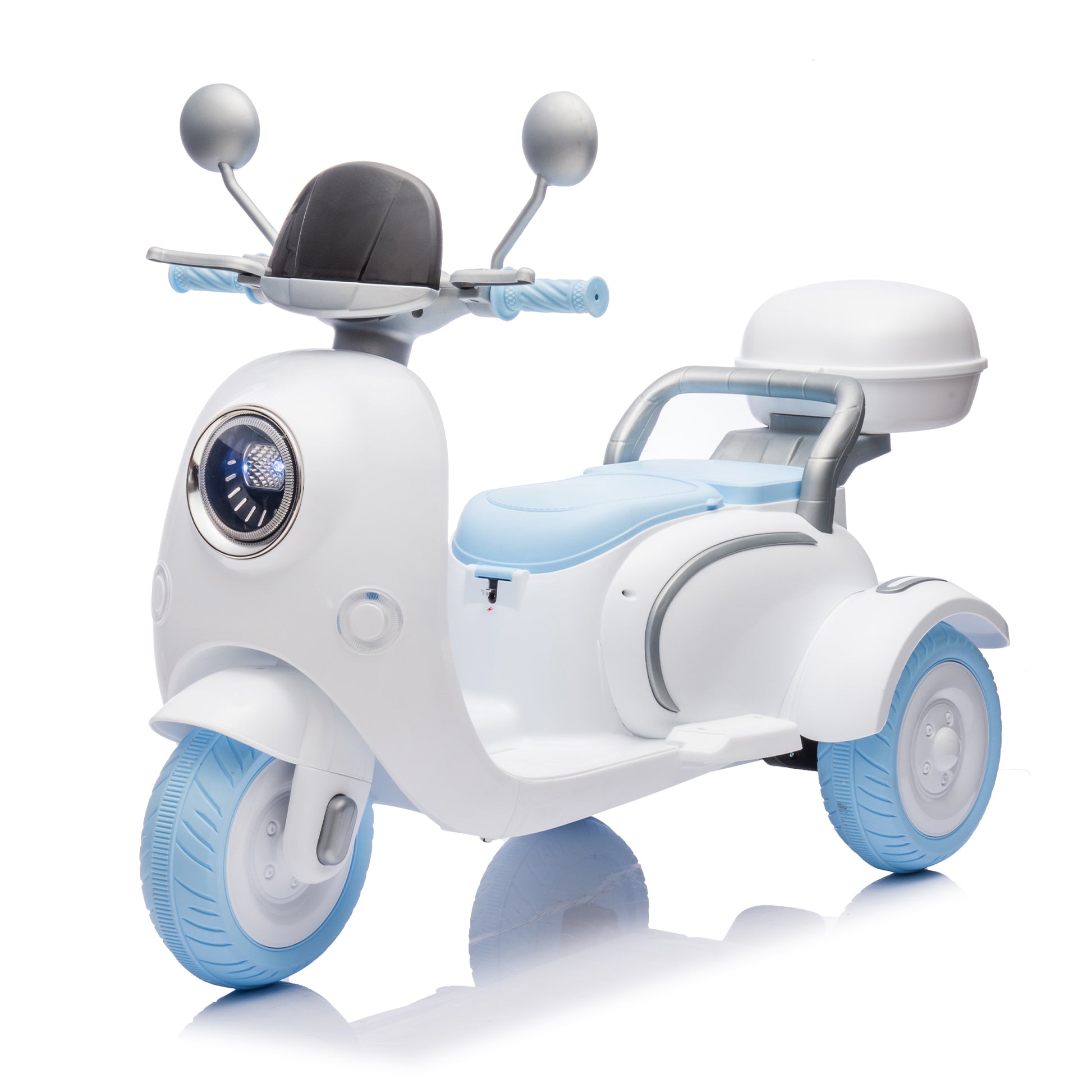 12V Two Seater Kids Ride On Electric Motorcycle,Three Wheels Kids Toy With Slow Start,Multi Function Player,Usb,Bluetooth, Light,Backseat Flip Adult Seat, Oversized Storage Box For Kids Aged 3 6. Blue 100 149 Lbs Polypropylene