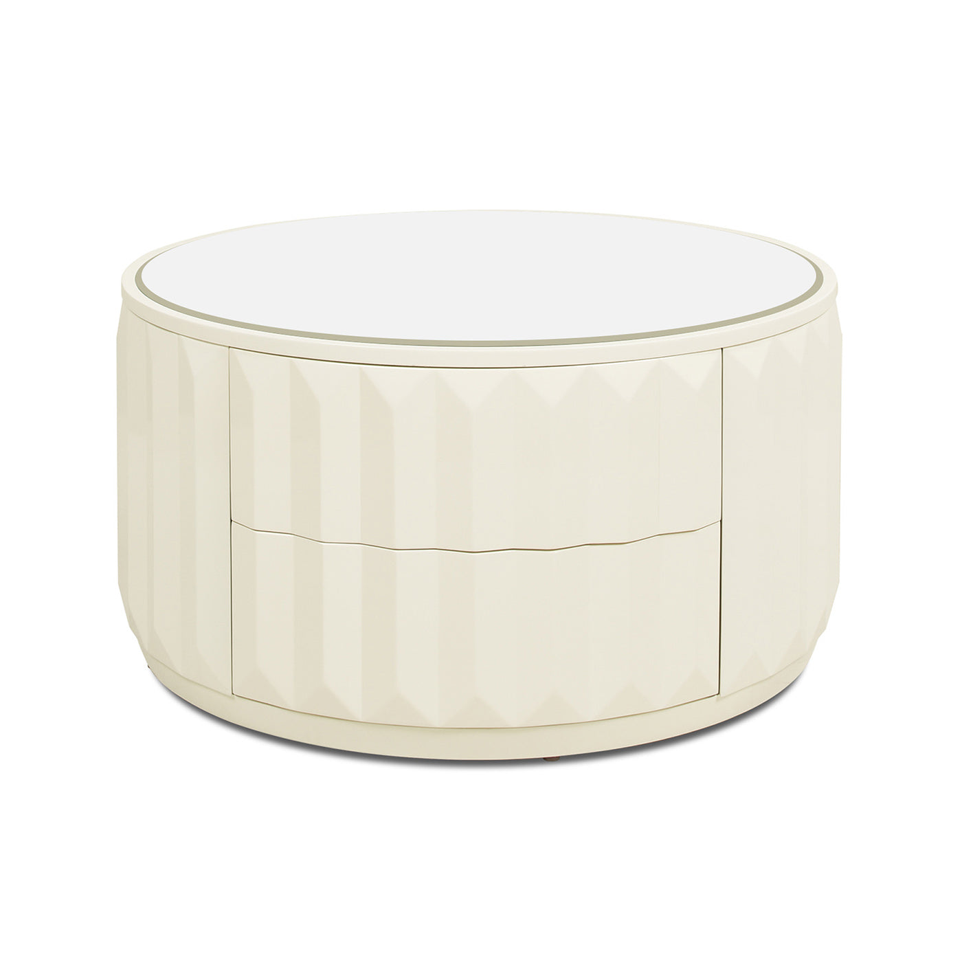 Facino 35.5" Round Storage Coffee Table, White Lacquer Birchwood White Solid Wood Mdf Solid Wood Mdf