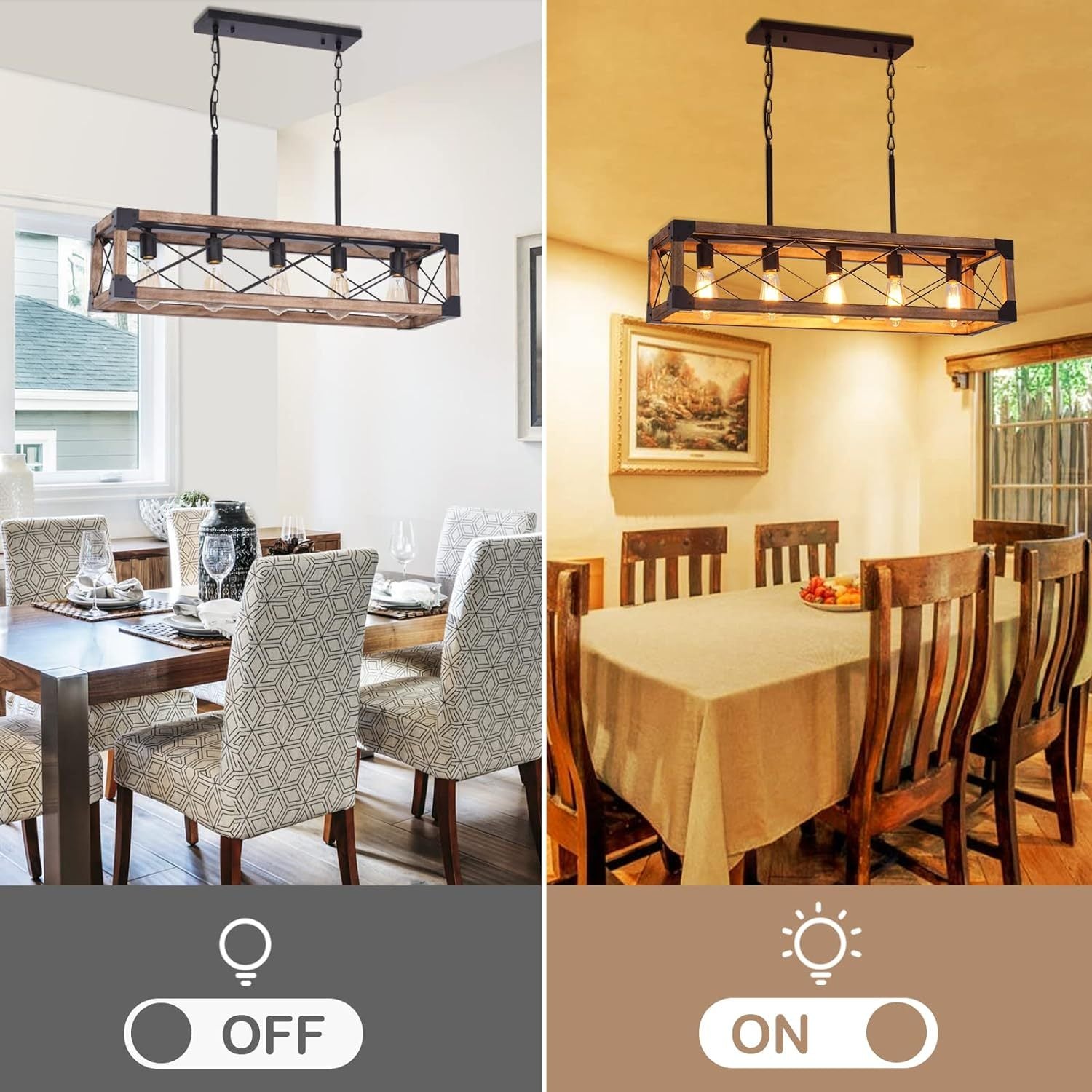 Farmhouse Kitchen Island Lighting, 5 Light Dining Room Light Fixture, Farmhouse Linear Chandelier With Solid Wood For Dining Room Kitchen Bar Pool Table Wood Wood Metal