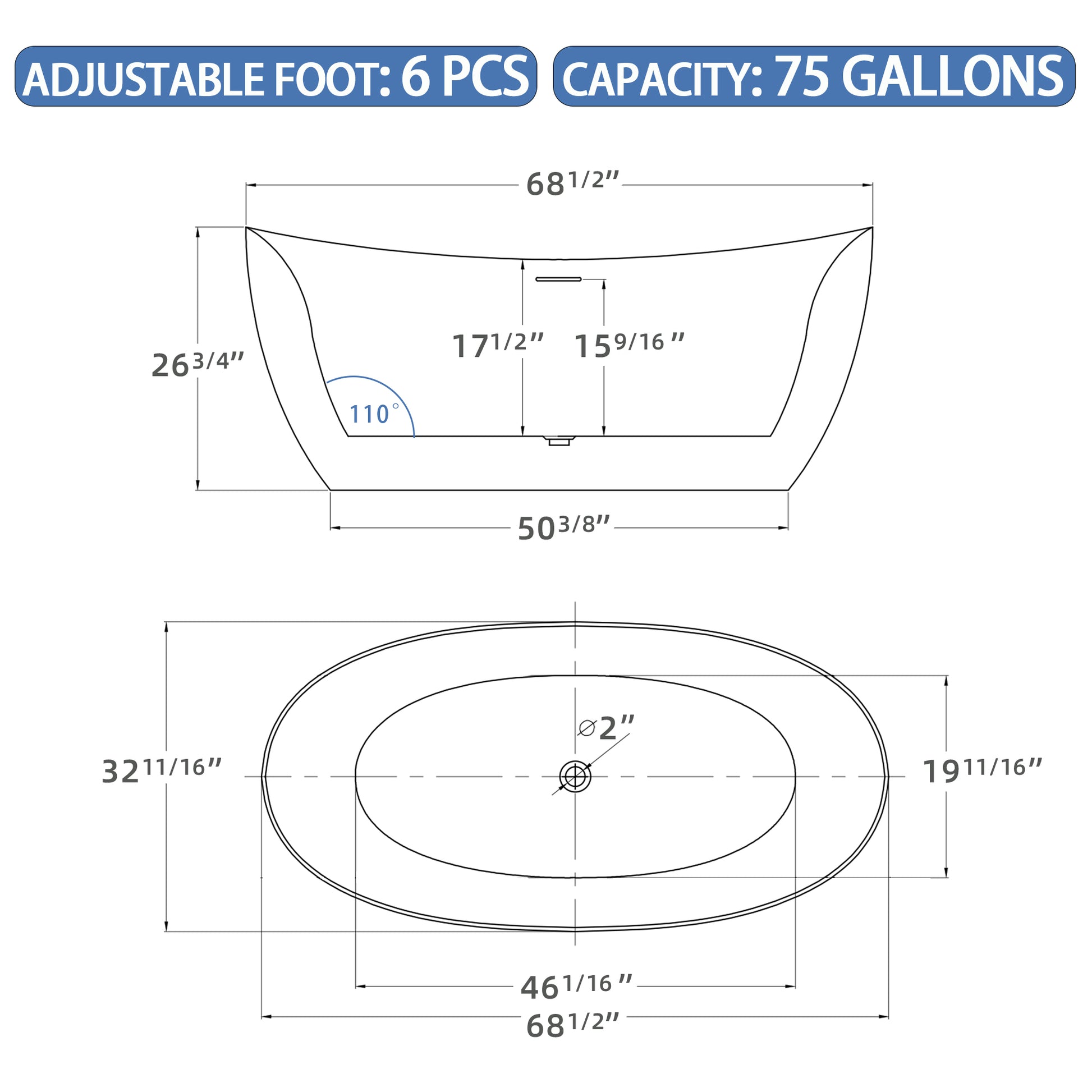 69" Acrylic Free Standing Tub Classic Oval Shape Soaking Tub, Adjustable Freestanding Bathtub With Integrated Slotted Overflow And Chrome Pop Up Drain Anti Clogging Gloss White Gloss White Oval Bathroom Freestanding Tubs Polished 61 69 In Modern Soaking