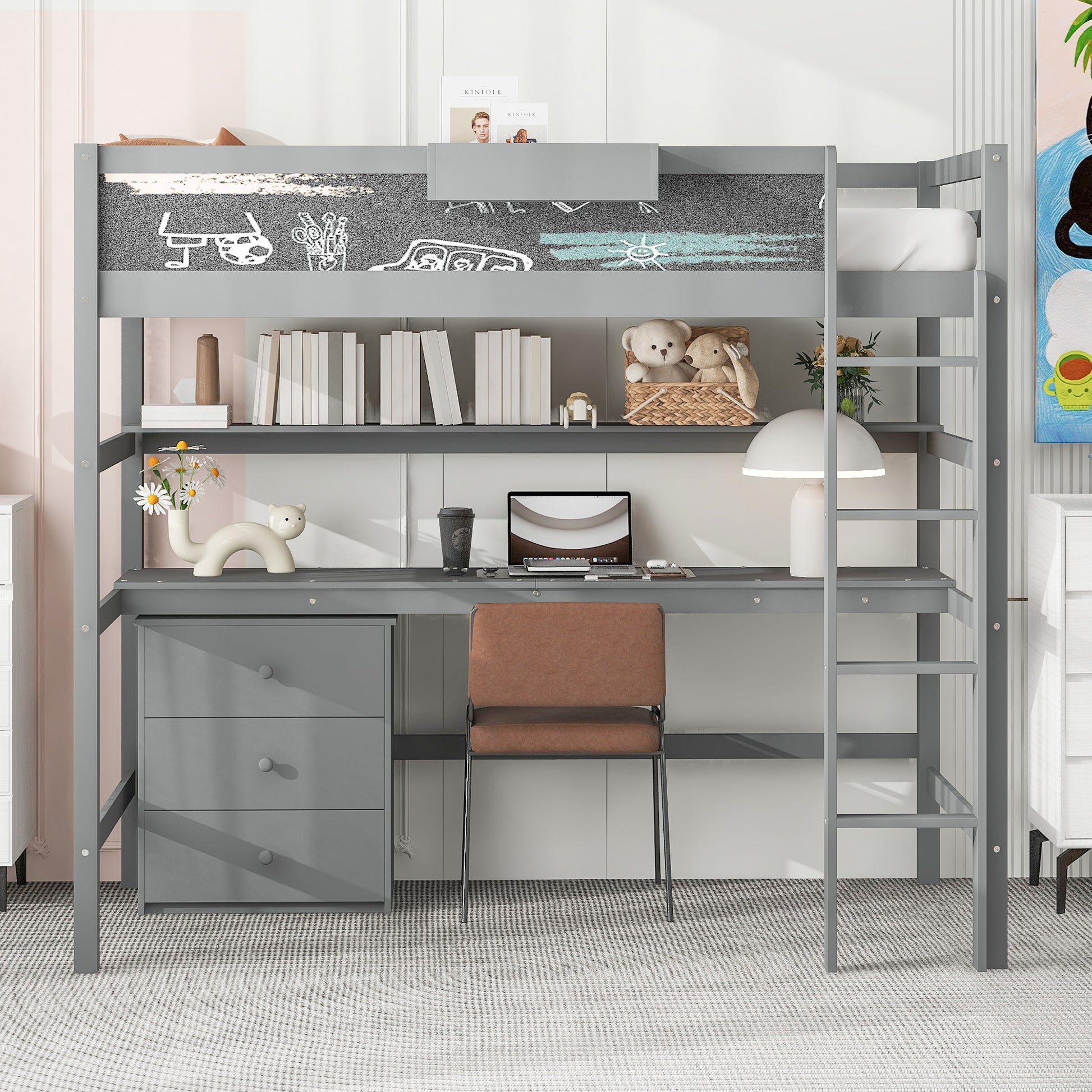 Wood Twin Size Loft Bed With Desk, Blackboard, Storage Box, Shelf And 3 Drawers, Gray Box Spring Not Required Twin Gray Wood Solid Wood Mdf