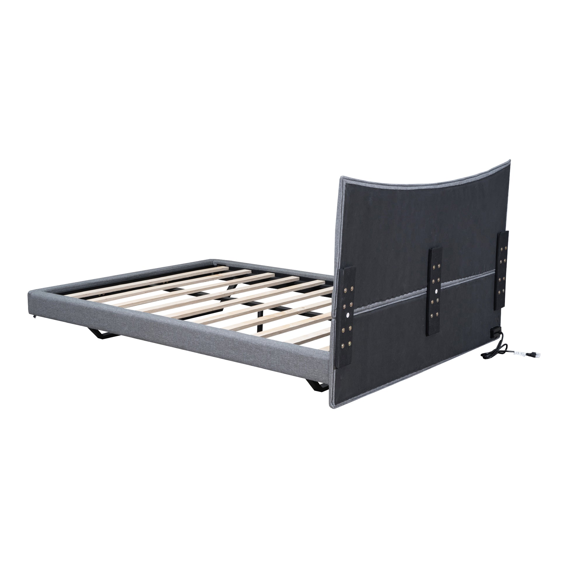 Full Size Upholstered Platform Bed With Led Lights,Usb Ports And Outlets,Linen Fabric,Gray Full Gray Wood Metal