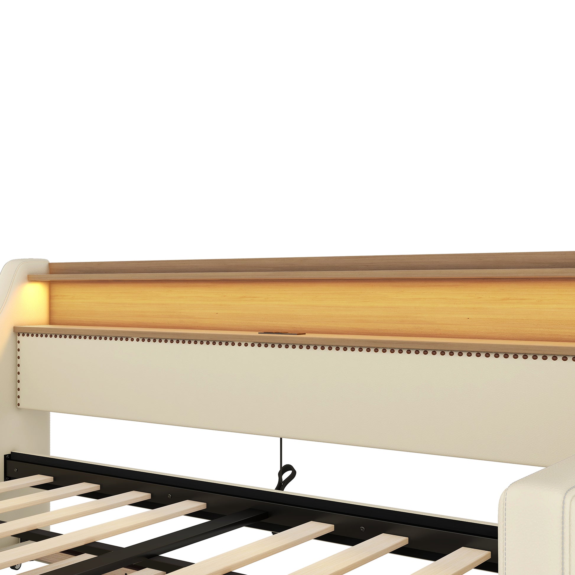 Twin Size Daybed With Trundle, Upholstered Daybed With Charging Station And Led Lights, Beige Twin Beige Pu Leather