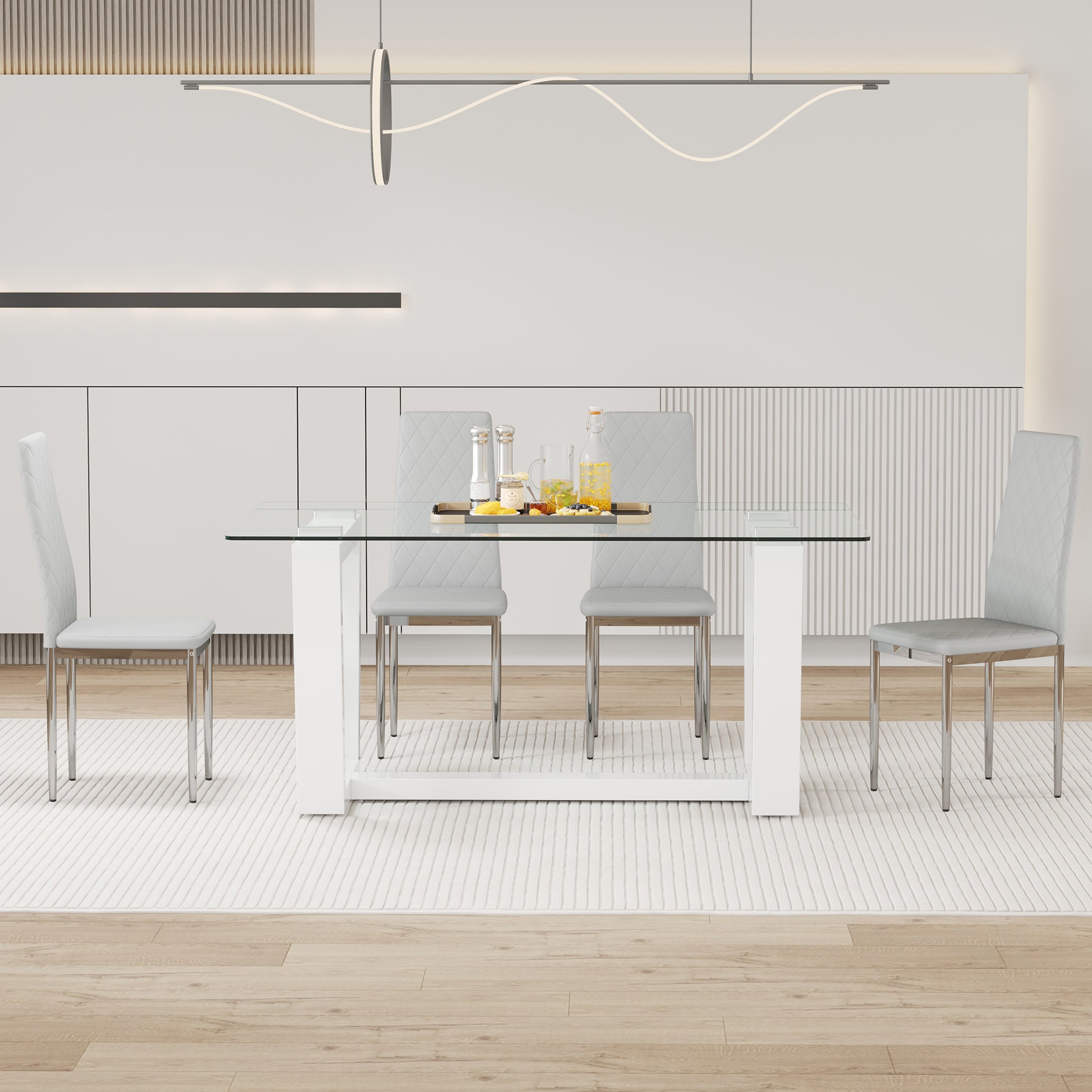 Table And Chair Set.A Rectangular Dining Table Features With Tempered Glass Top And Sleek White Mdf Stand.Paried With 4 Pu Chairs With Checkered Armless High Back And Electroplated Metal Legs. Light Gray,White Seats 4 Mdf Glass