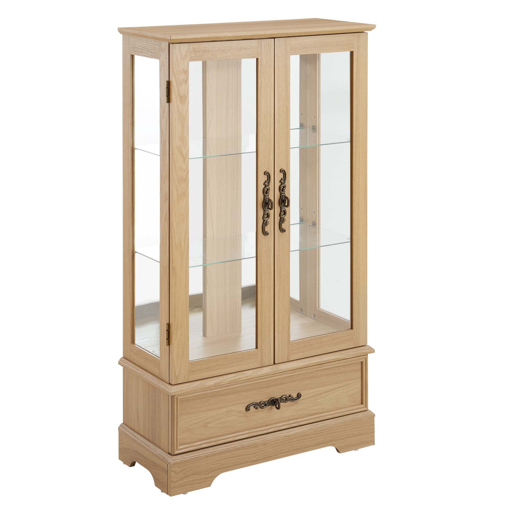 Glass Cabinet Lighted Glass Cabinet Curio Display Cabinet With Adjustable Glass Shelves 2 Doors And 1 Drawer Cabinet Bulb Included Oak Oak Mdf Glass