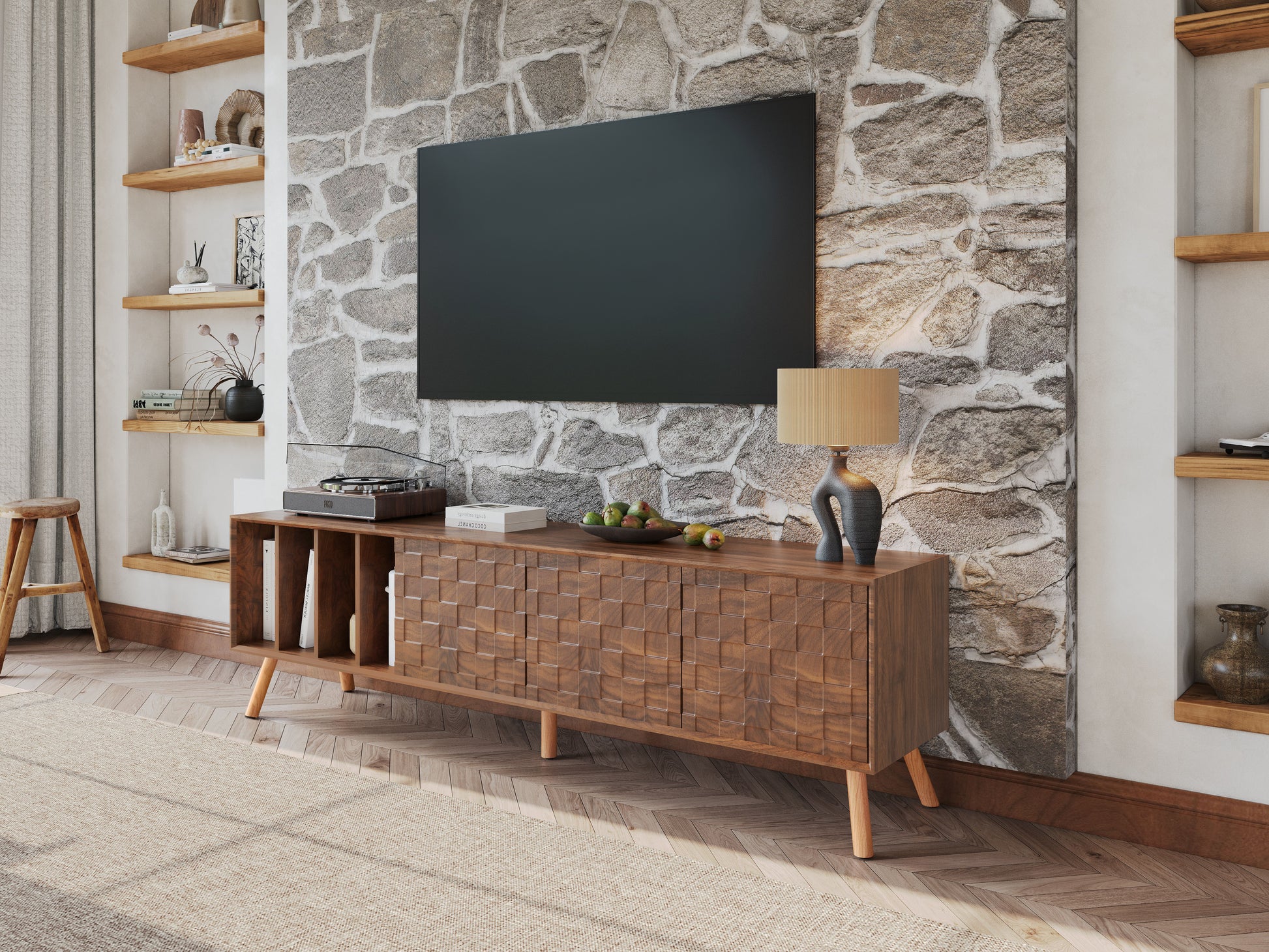 70" Mid Century Modern Tv Stand, Media Console Table For Tvs Up To 80'', Entertainment Center With 5 Solid Wood Legs For Living Room, Bedroom Walnut Primary Living Space 70 79 Inches 70 79 Inches