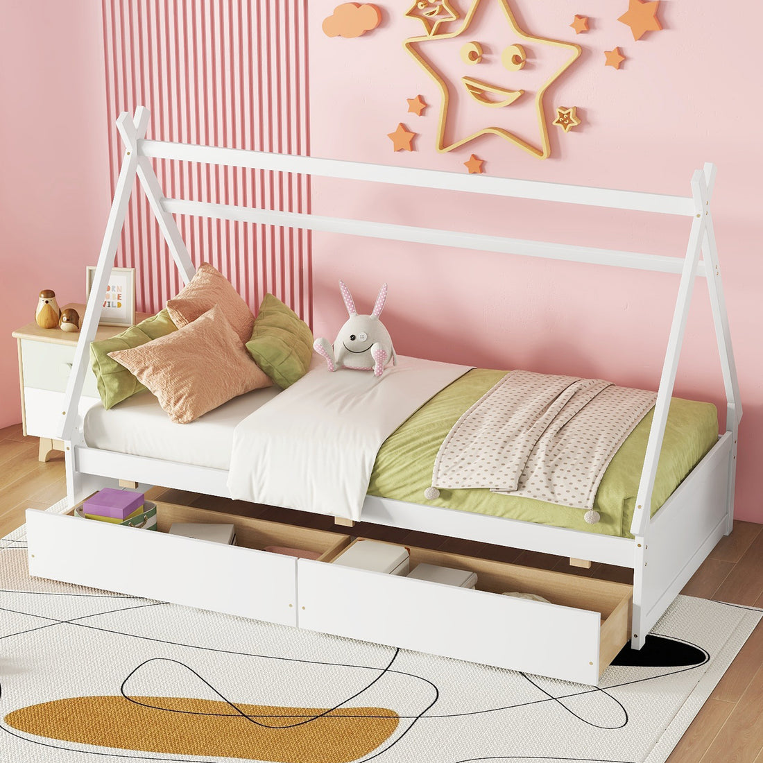 Twin Size House Platform Bed With Two Drawers,Headboard And Footboard, White Twin White Pine