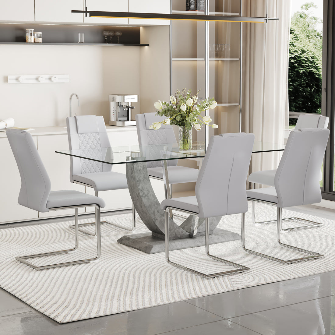 Table And Chair Set, Large Modern Rectangular Glass Table, Can Accommodate 6 8 People, Equipped With A 0.39 Inch Tempered Glass Tabletop And Large Mdf Table Legs, Comfortable And Soft Chairs. Grey Mdf Glass