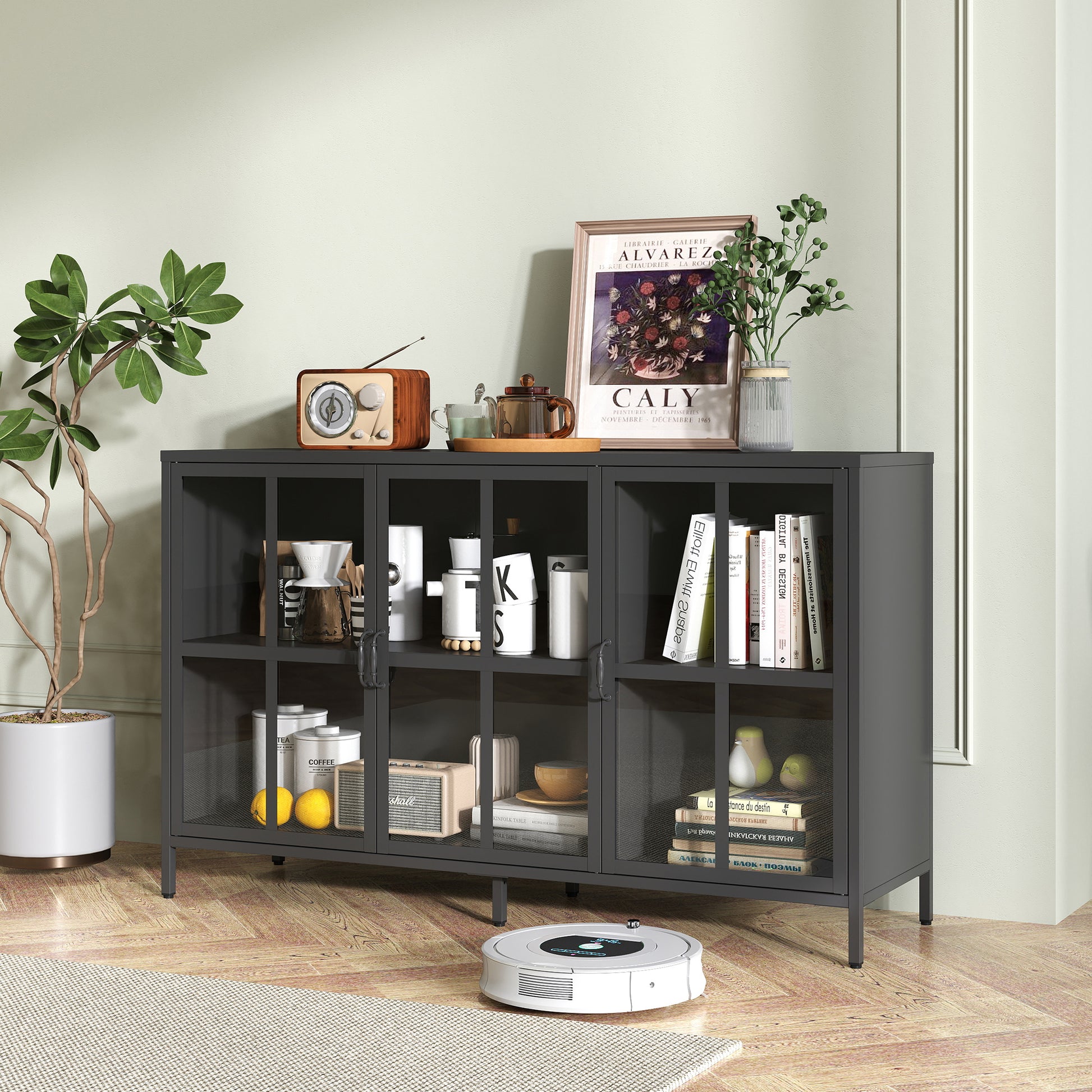 Heavy Duty Metal Modern Sideboard Buffet Cabinet With Storage Premium Steel Storage Cabinet ,Adjustable Feet,Glass Doors,Large Capacity Organizer For Living Room,Bed Room,Dining Room Black Kitchen