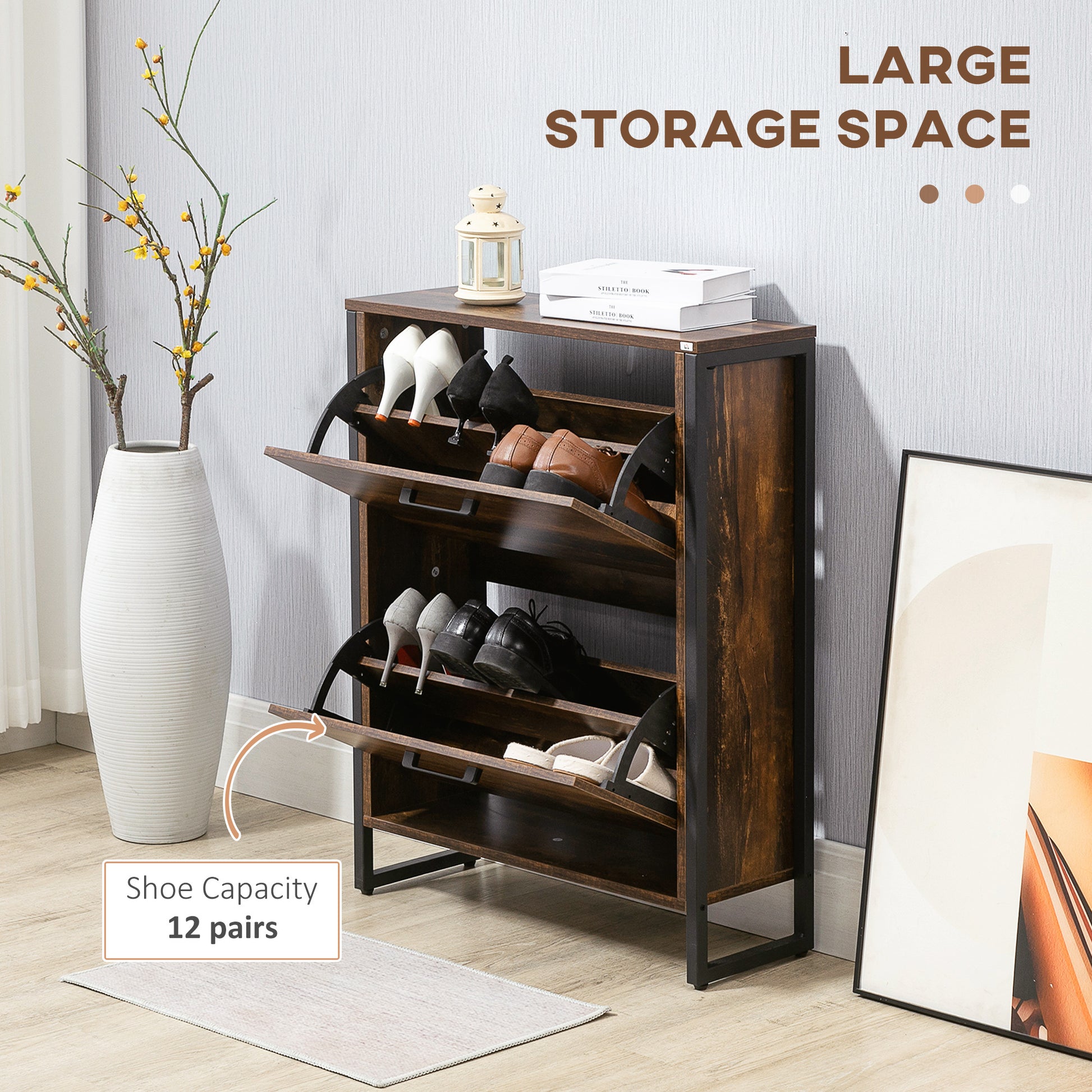 Homcom Industrial Shoe Cabinet With 2 Flip Drawers, Freestanding Shoe Storage Cabinet For 12 Pairs, Narrow Slim Shoe Rack For Entryway, Hallway, Rustic Brown Rustic Brown Particle Board