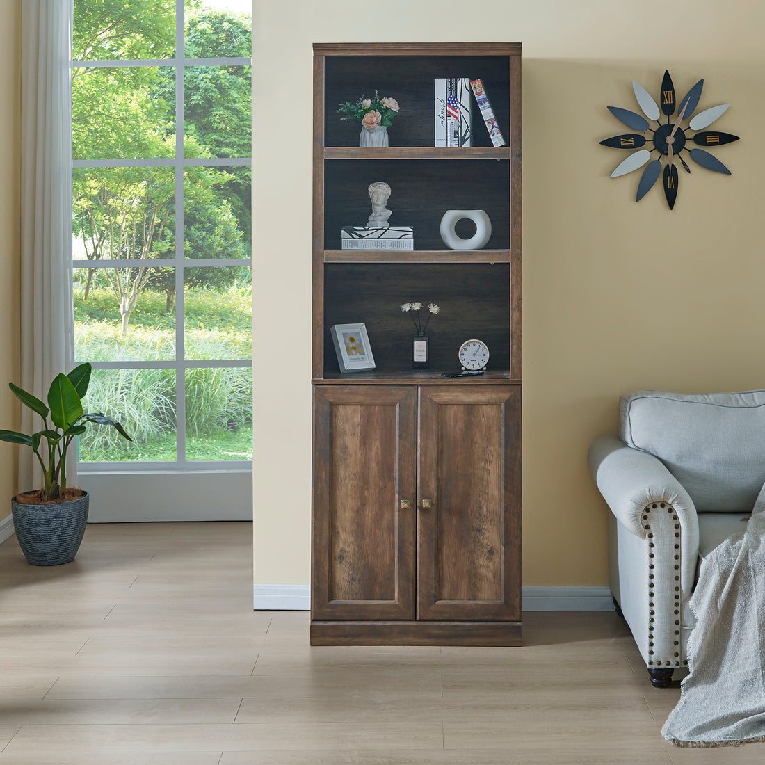 1 Doors Bookshelf With Usb Port And 3 Open Shelves Bookcase Side Cabinet Storage Shelves, Rustic Brown Brown Pine