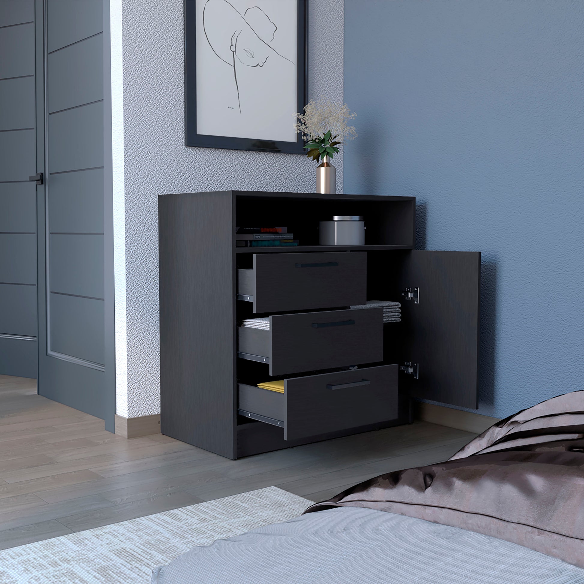 Dresser With Spacious 3 Drawer And Single Door Storage Cabinet, Black Black Solid Wood Mdf Engineered Wood