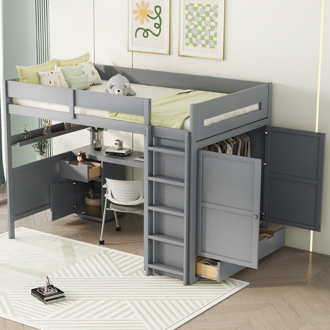 Full Size Wooden Loft Bed With Wardrobe, Desk, Drawers, Shelves, Gray Full Gray Plywood