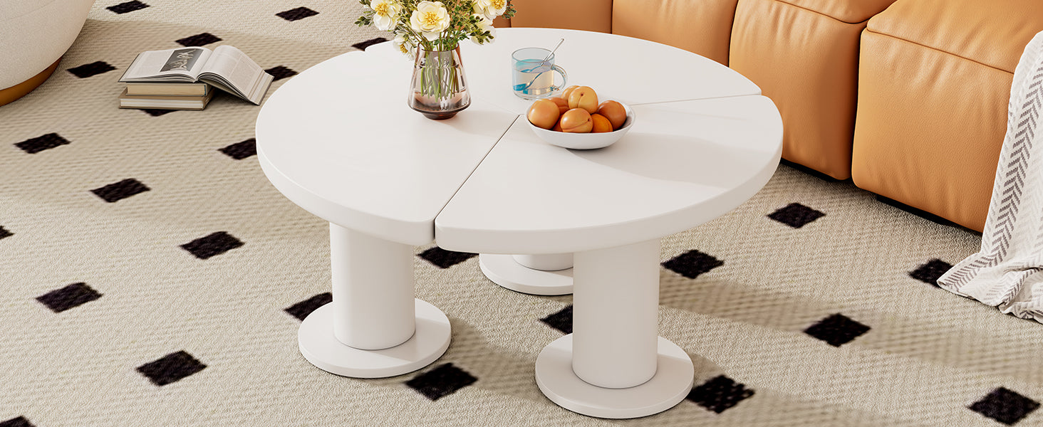 39.4'' Easy Assembly Round Petal Shaped Coffee Table, Cream Style Center Table With 3 Thick Legs, Minimalist Irregular End Table With Sleek Round Edges For Living Room, White White Mdf