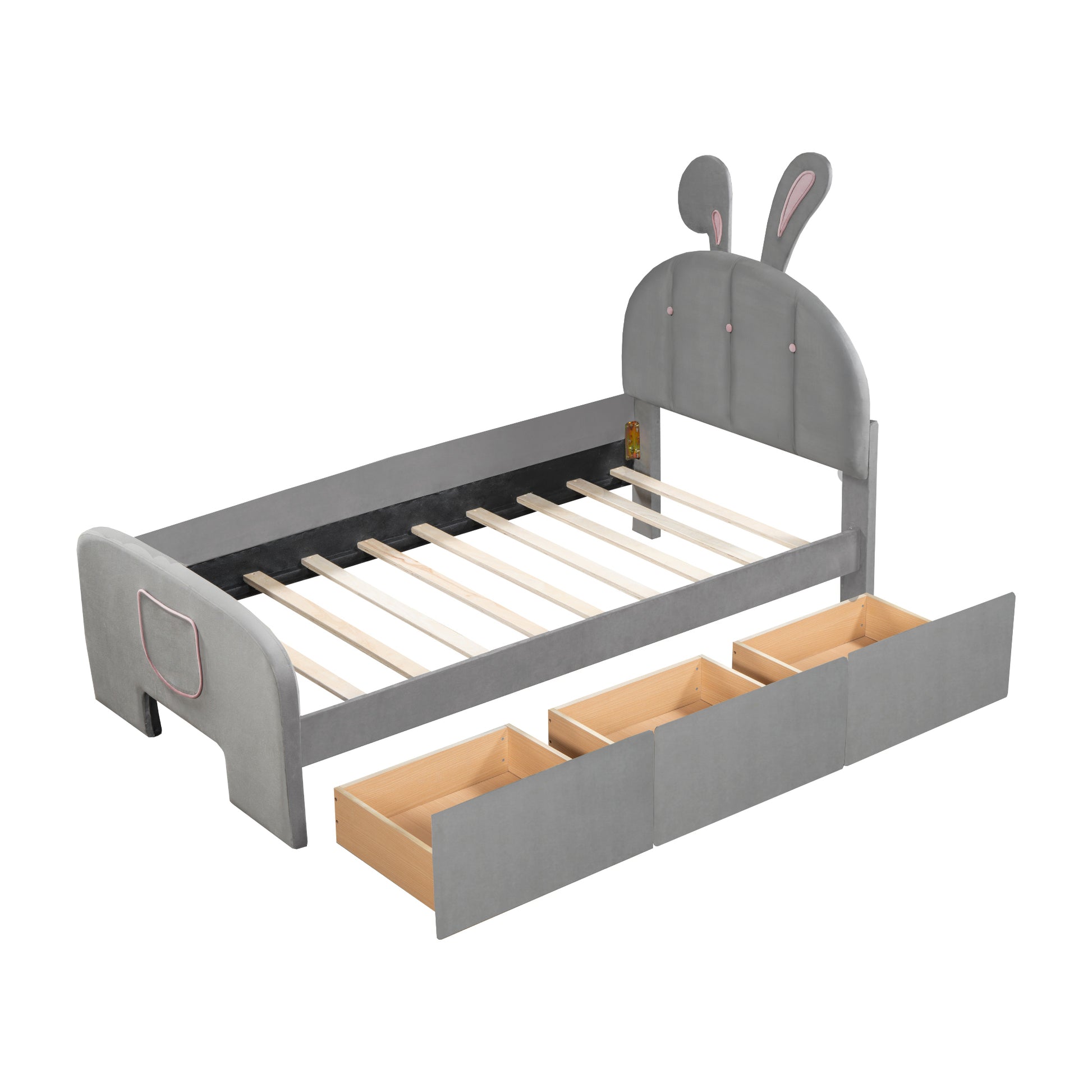 Twin Size Velvet Platform Bed With Rabbit Shaped Headboard, With Drawers, With Bed End Storage Pocket, Gray Twin Gray Plywood