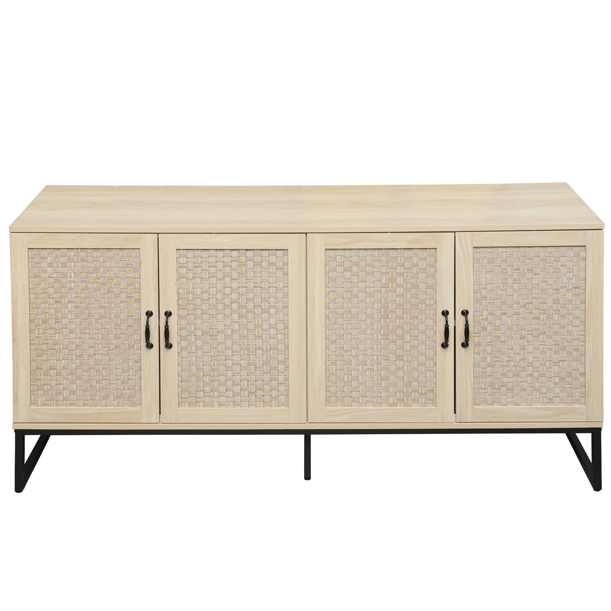 Rattan 4 Door Sideboardsideboard Buffet Storage Cabinet,Accent Storage Cabinetlarge Cabinet With 4 Rattan Decorated Doors For Living Room Dining Room Natural Particle Board Mdf