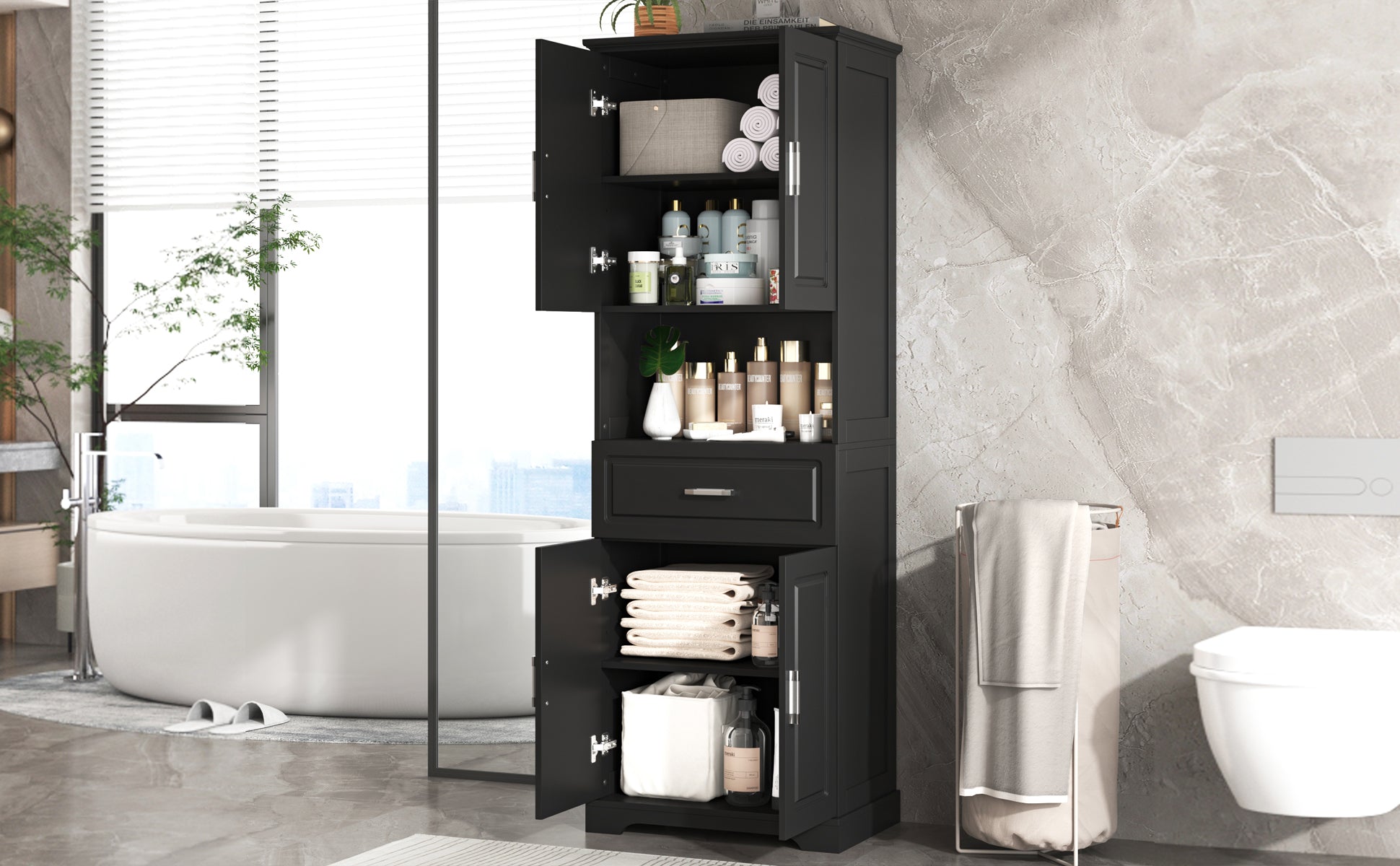 Tall Bathroom Cabinet With Four Doors, Large Storage Space Open Shelve, Upper Storage Cabinet, Black Black Mdf