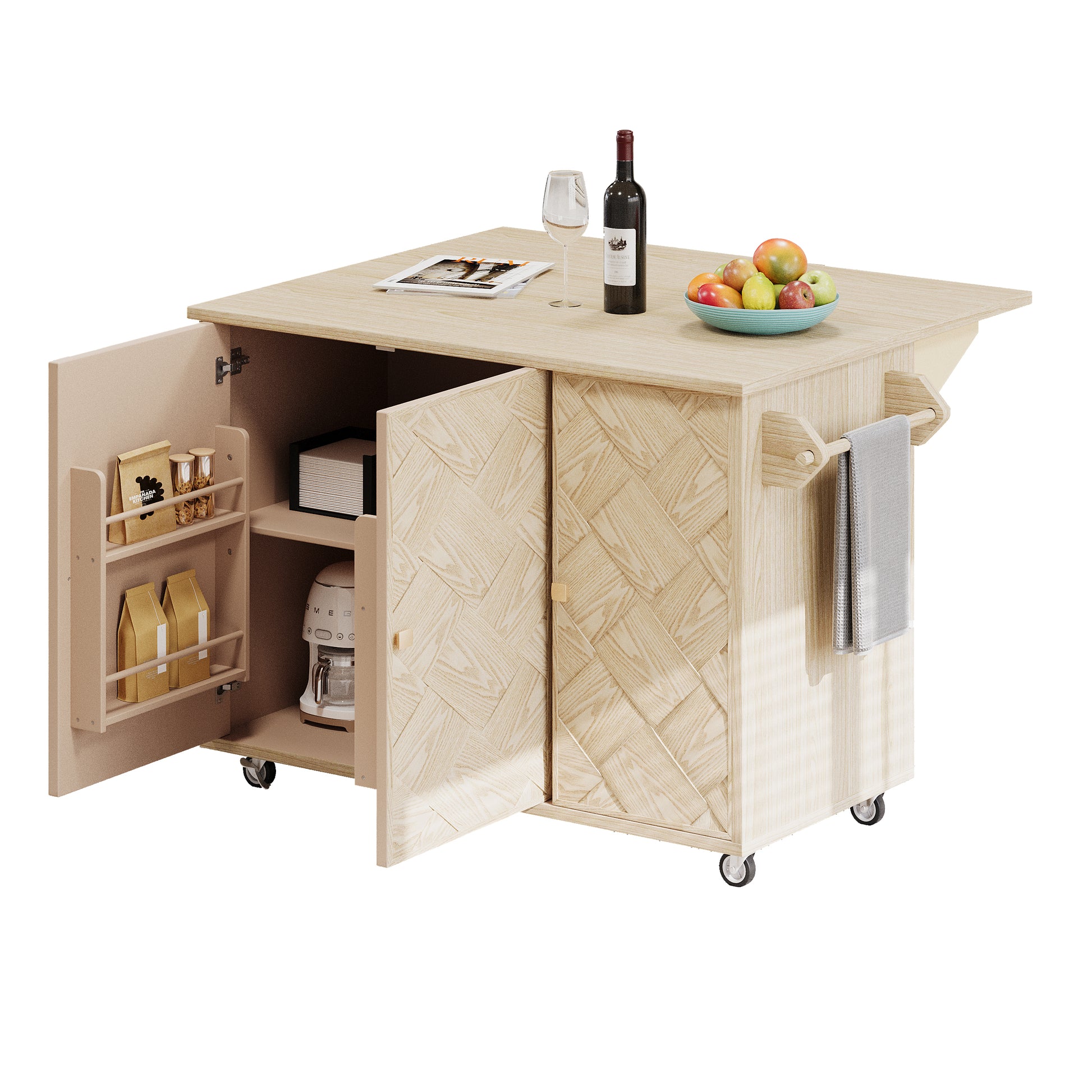 K&K 51.2"W Ash Veneer Not Cheap Paper Solid Wood Handwoven Kitchen Island With Drop Leaf, Coastal Kitchen Island On Wheels With Internal Storage Rack, Rolling Kitchen Cart, Nature Wood Natural Wood