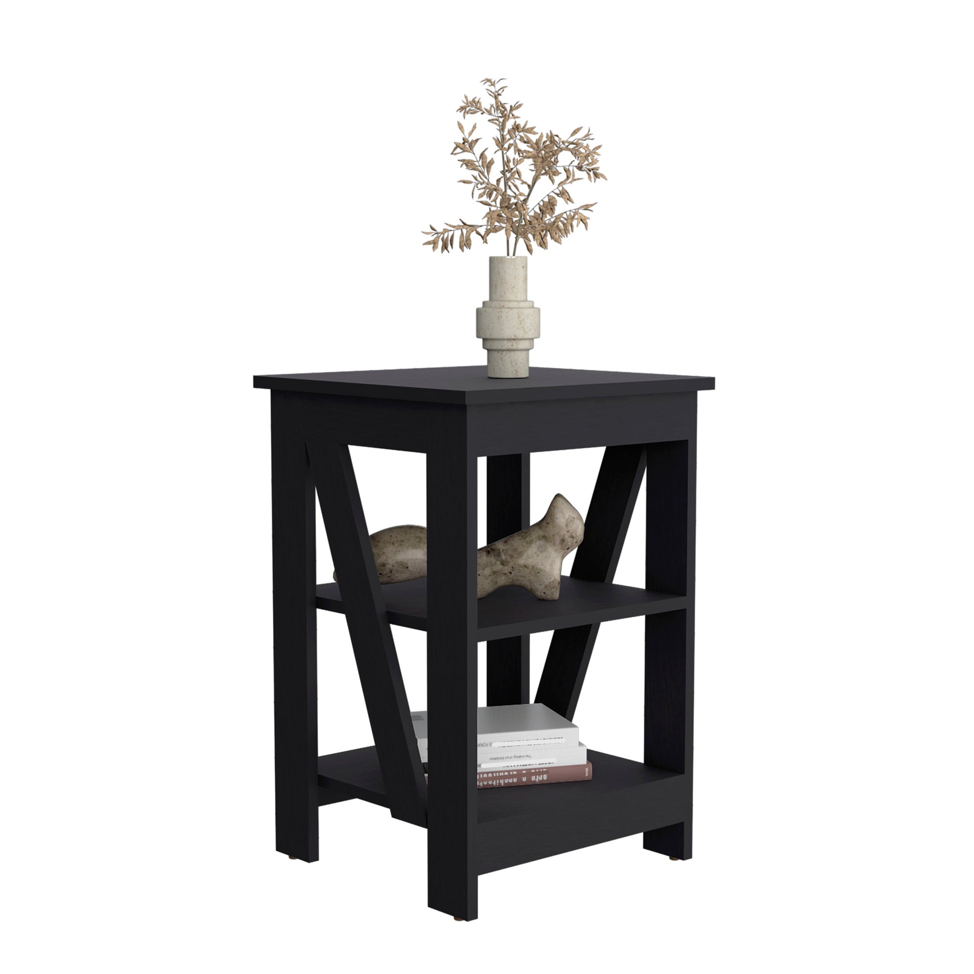 Taylor 3 Tier End Table Nightstand, Side Table For Small Space, Black Black Solid Wood Mdf Engineered Wood