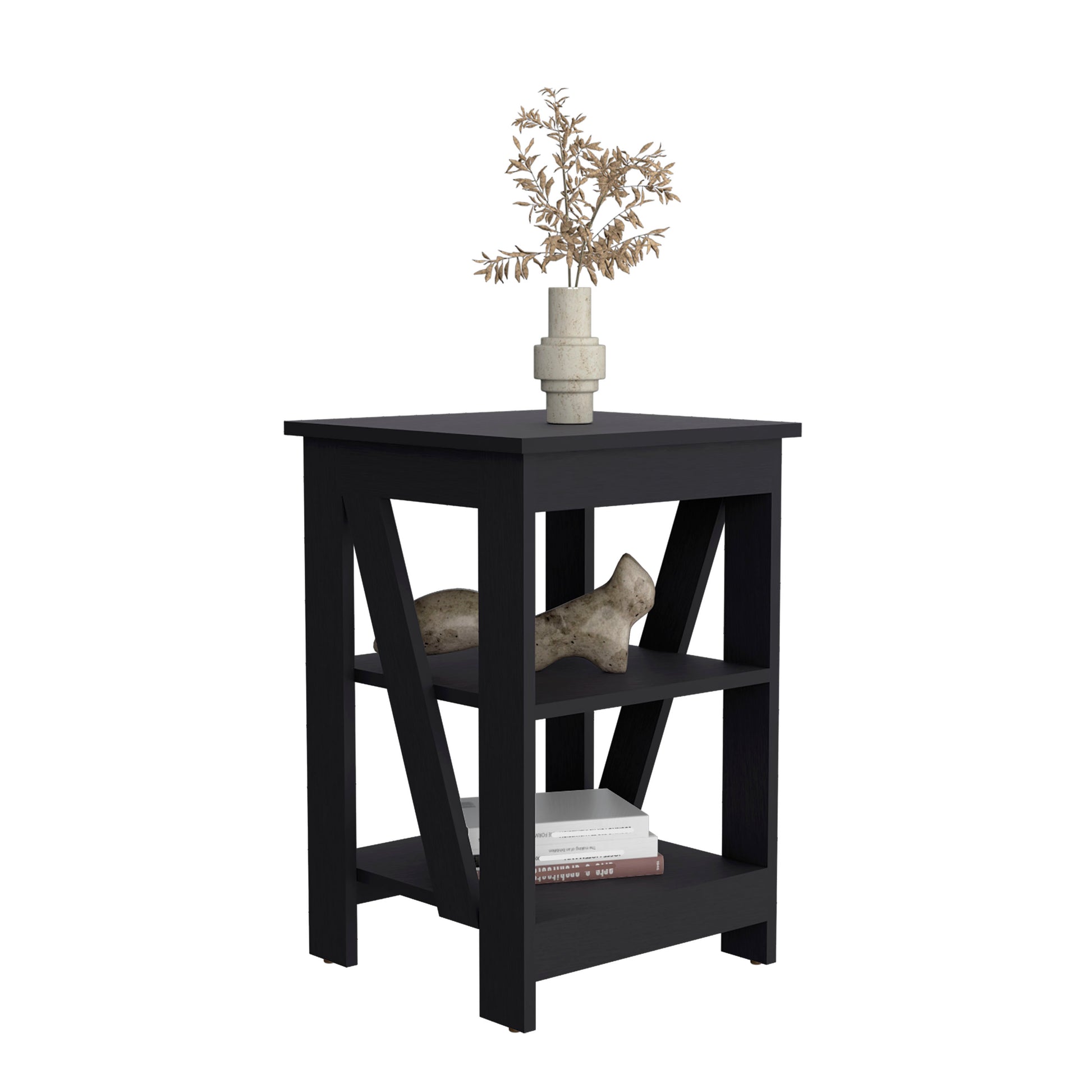 3 Tier End Table Nightstand, Side Table For Small Space, Black Black Solid Wood Mdf Engineered Wood