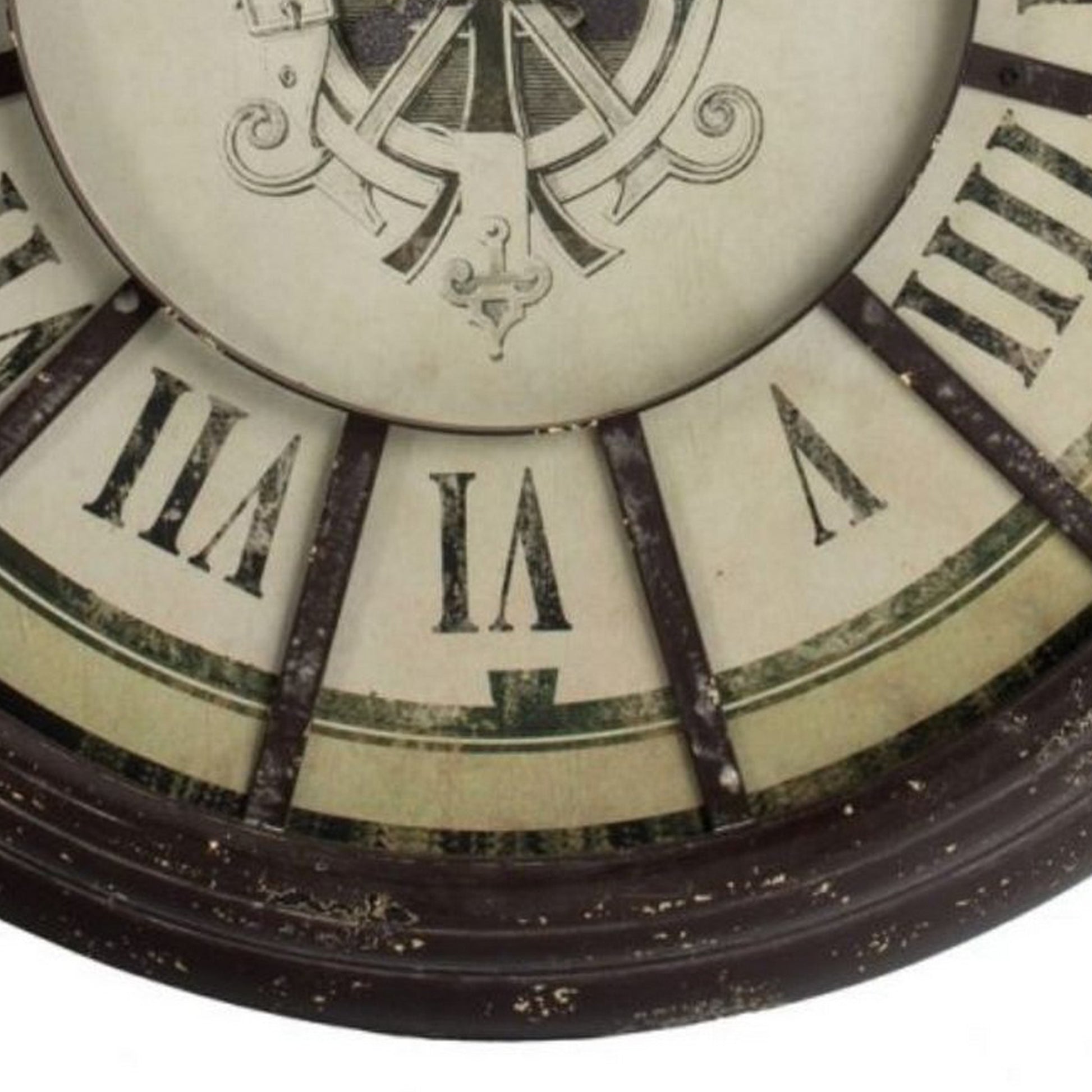 Oversized Wood And Metal Wall Clock With Distressed Details, Antique Gray And Cream Brown Wood