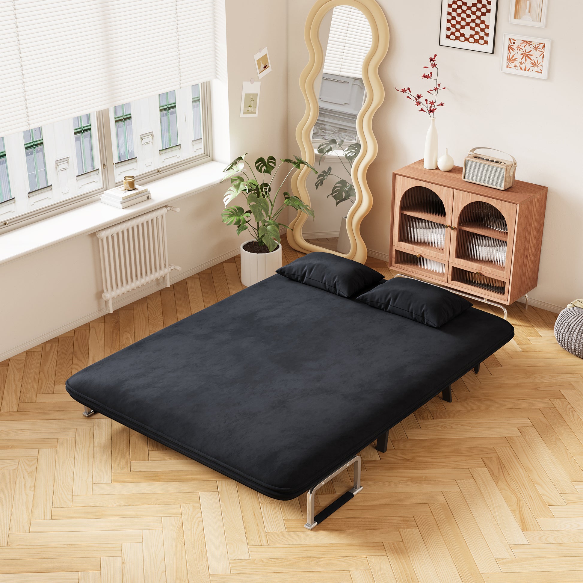 Velvet Black 55 Convertible Chair Bed, Tri Fold Sofa Bed With Adjustable Backrest & Pillow, Leisure Chaise Lounge Couch With Sturdy Steel Frame For Home & Office, Comfortable Sleeper Chair Black Velvet Metal Primary Living Space Medium Firm Contemporary