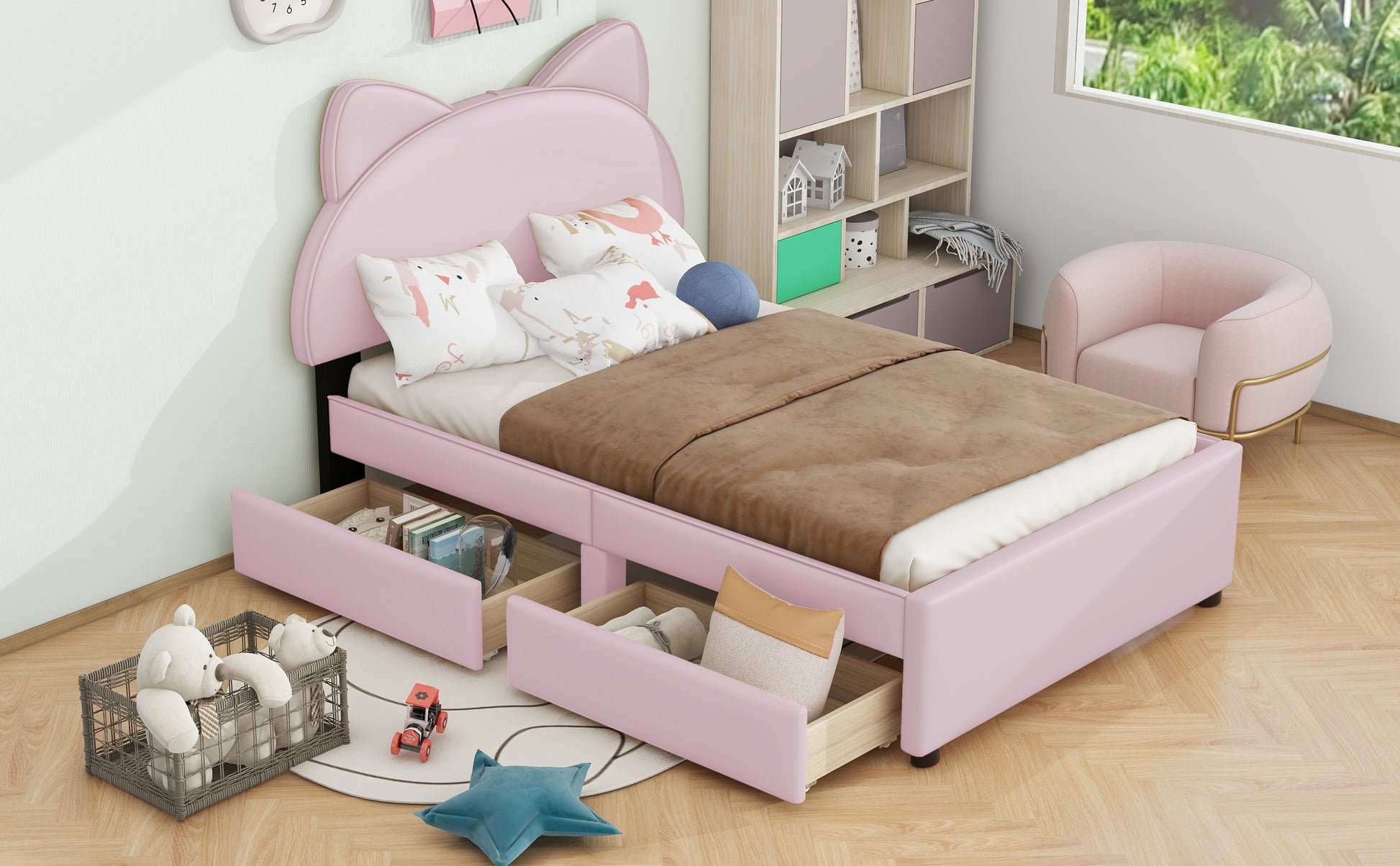 Twin Size Upholstered Platform Bed With Cartoon Ears Shaped Headboard And 2 Drawers, Pink Box Spring Not Required Twin Pink Wood Bedroom Bed Frame Faux Leather Upholstered