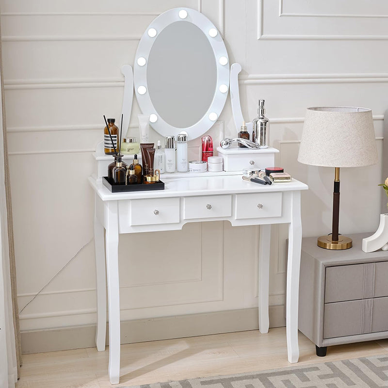 Vanity Desk And Stool Set, Vanity Mirror With Lights And Table Set, Small Vanity Table For Bedroom White Milk White Wood