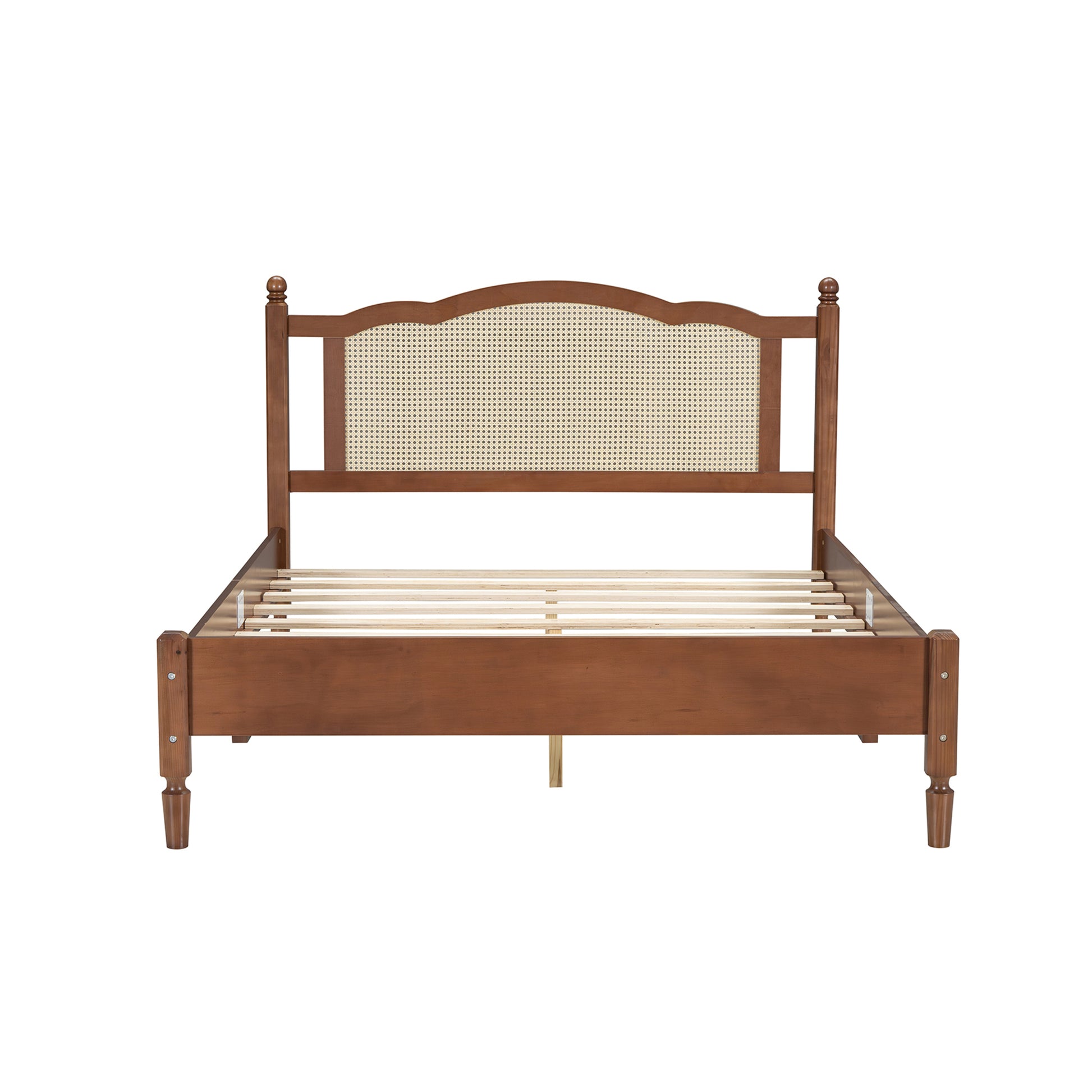 Queen Size Wooden Platform Bed With Natural Rattan Headboard, Vintage Bed Frame With Wooden Slat Support, Walnut Expected Arrival Time: 08.23 Box Spring Not Required Queen Walnut Wood