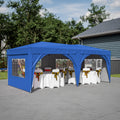 10'X20' Pop Up Canopy Tent With 6 Sidewalls, Ez Pop Up Outdoor Canopy For Parties, Waterproof Commercial Tent With 3 Adjustable Heights, Carry Bag, 6 Sand Bags, 6 Ropes And 12 Stakes, Blue Blue Metal