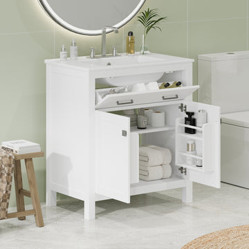 30 Inch Bathroom Vanity With Ceramic Sink, Modern White Single Bathroom Cabinet With 2 Doors And A Shelf, Soft Close Doors White Bathroom Solid Wood Mdf