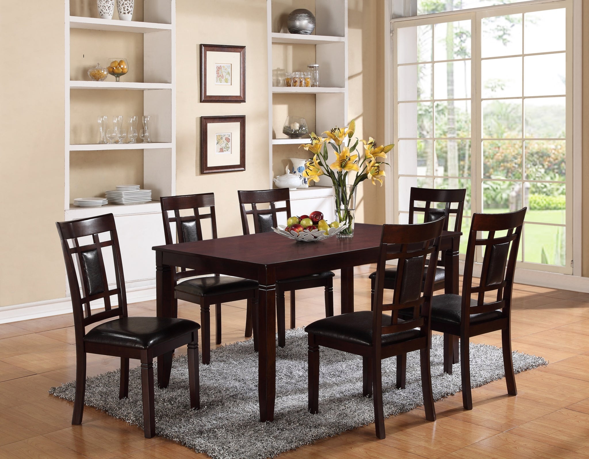 7 Pc Dinette Set Brown Espresso Finish Rectangular Table Faux Leather Upholstery Padded Lattice Design Side Chairs Dining Room Wooden Dining Set Furniture Contemporary Transitional Style Wood Wood Brown Seats 6 Wood Dining Room 60 Inches Fixed Table