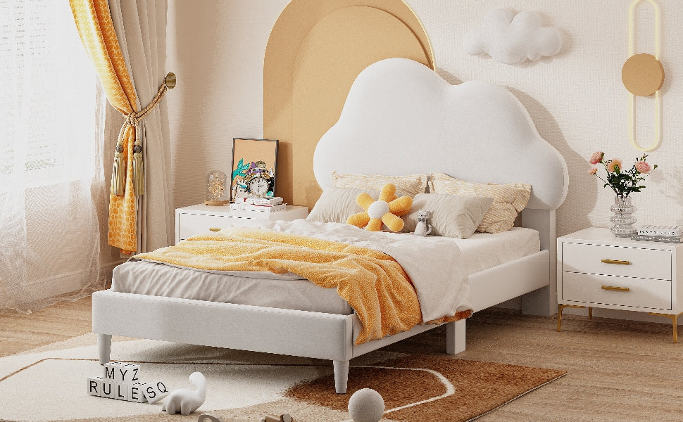 Twin Size Upholstered Cloud Shape Bed ,Velvet Platform Bed With Headboard,No Box Spring Needed,Beige Twin Beige Velvet