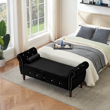 63.38"Velvet Multifunctional Storage Rectangular Ottoman Bench Comes With Crystal Buckle Solid Wood Legs With 1 Pillow,Black Black Velvet