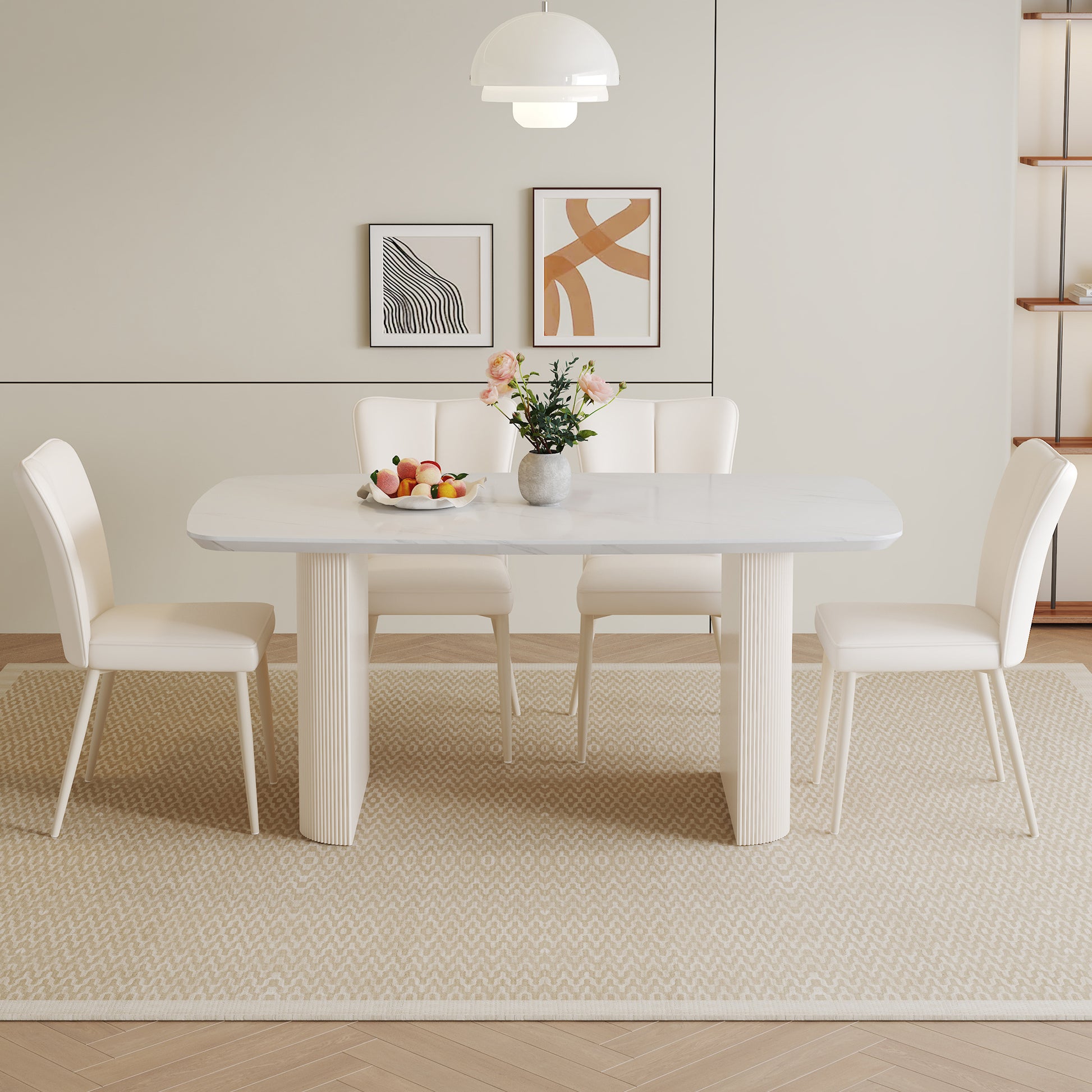 Table And Chair Set.67*35.4 Cream Style Mdf White Dining Table Set With 4 Cream Style Dining Chairs With A Vertical Line Design On Backrest.Adding A Warm And Gentle Atmosphere To Your Family. White