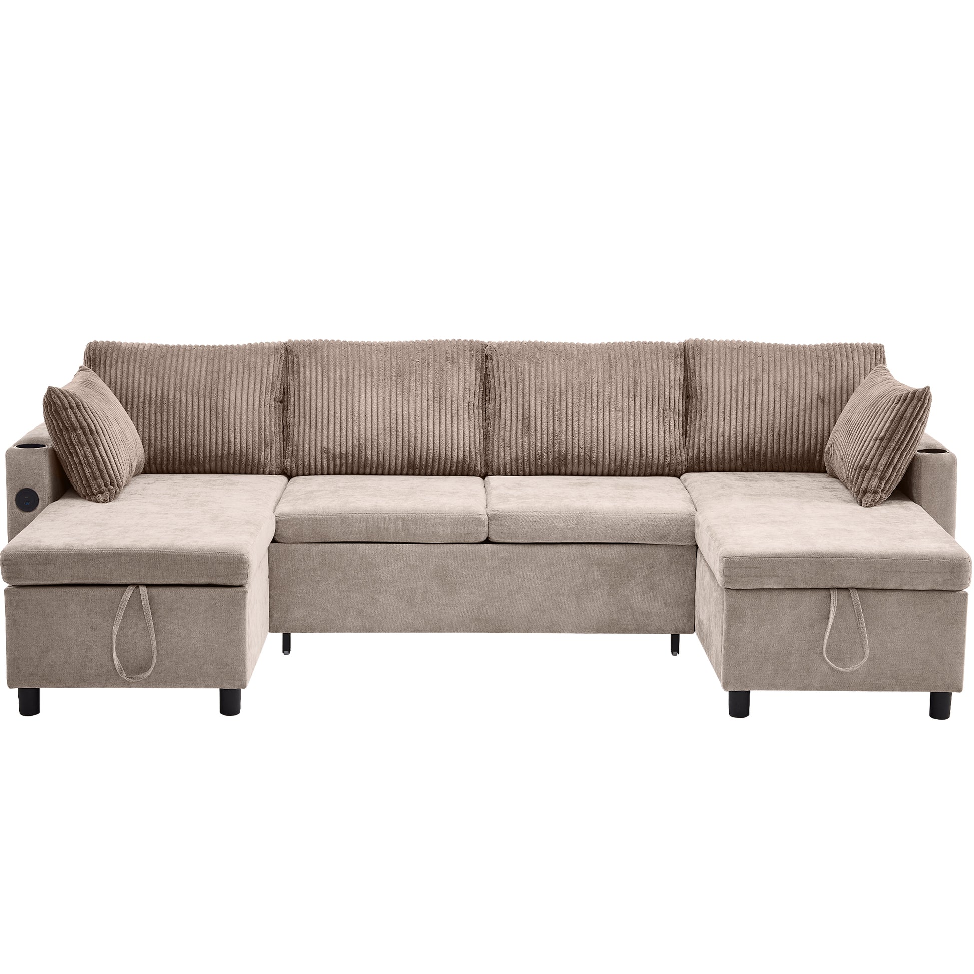 111.8" Sectional Sofa Pull Out Sofa Bed Versatile Sofa Sleeper With Large Storage Space, Two Usb Ports And Two Cup Holders For Living Room, Brown Brown Foam Chenille 4 Seat