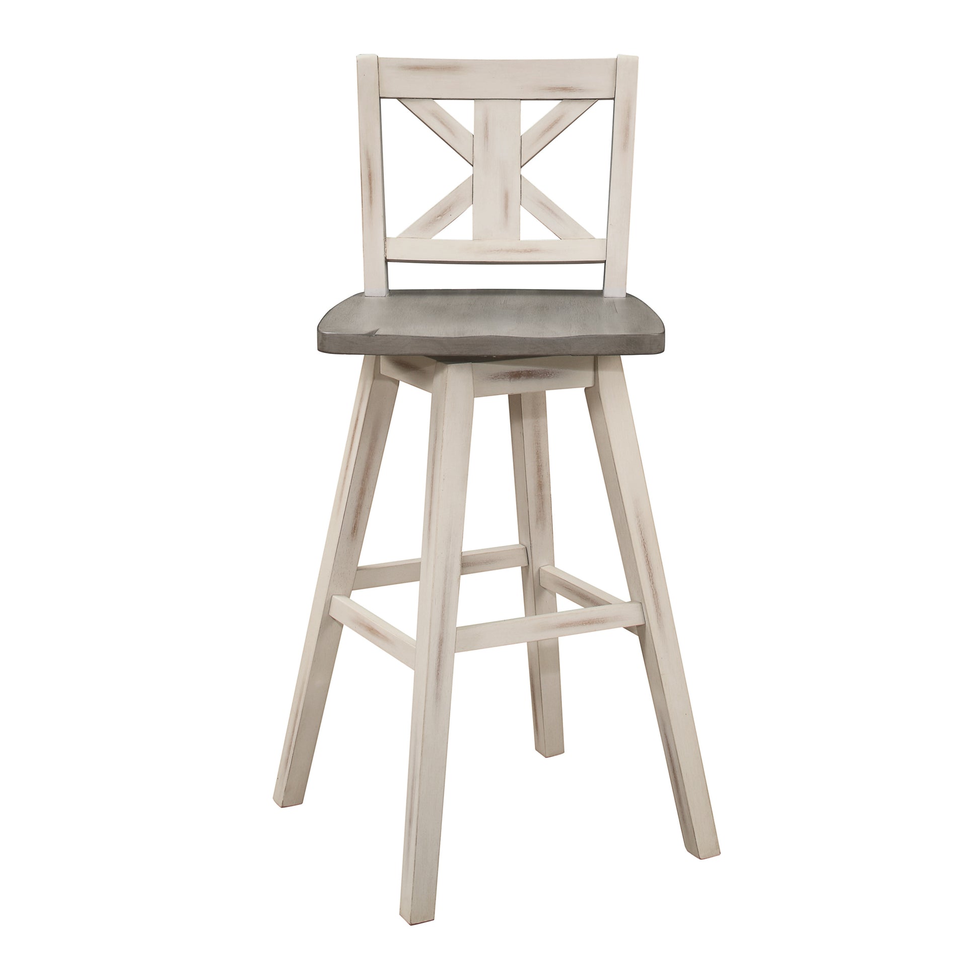 Pub Height Chairs Set Of 2, Distressed Gray And White 360 Degree Swivel Chair Solid Rubberwood Furniture, X Back Bar Chairs White Gray Dining Room Rustic Cross Back Solid Wood