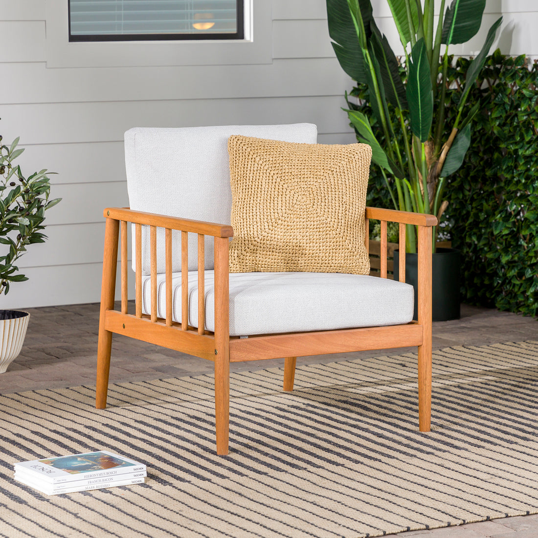 Contemporary Cushioned Eucalyptus Wood Patio Accent Chair Brown Brown Eucalyptus Eucalyptus