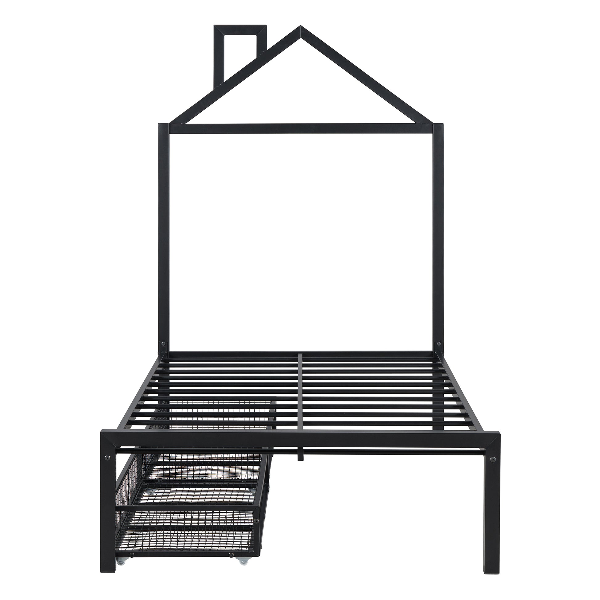 Twin Size Metal Platform Bed With Two Drawers,House Shaped Headboard Design, Black Twin Black Metal
