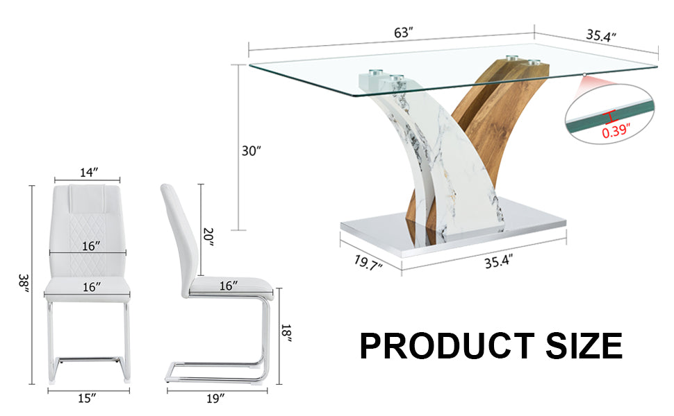 Table And Chair Set.Modern Dining Table, Tempered Glass Countertop With Artistic Mdf Legs.Paried With 4 Comfortable Chairs With Pu Seats And Metal Legs. Suitable For Various Decoration Styles. Transparent,White Seats 4 Mdf Glass