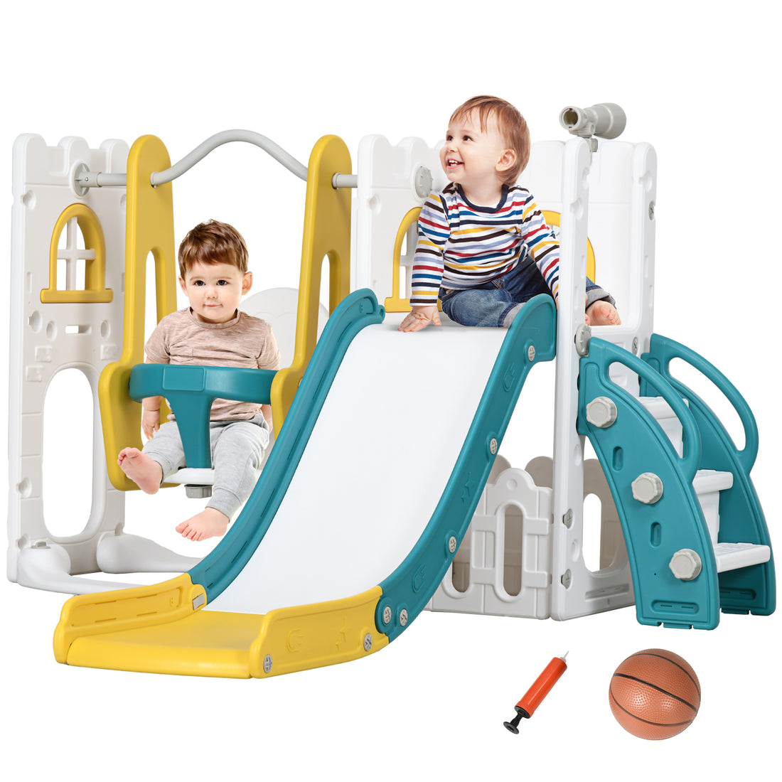 Qaba 6 In 1 Toddler Slide And Swing Set, Baby Slide For Age 1 3 Years With Basketball Hoop, Climber, Storage Space, Telescope, Indoor Playground, Yellow Yellow Plastic