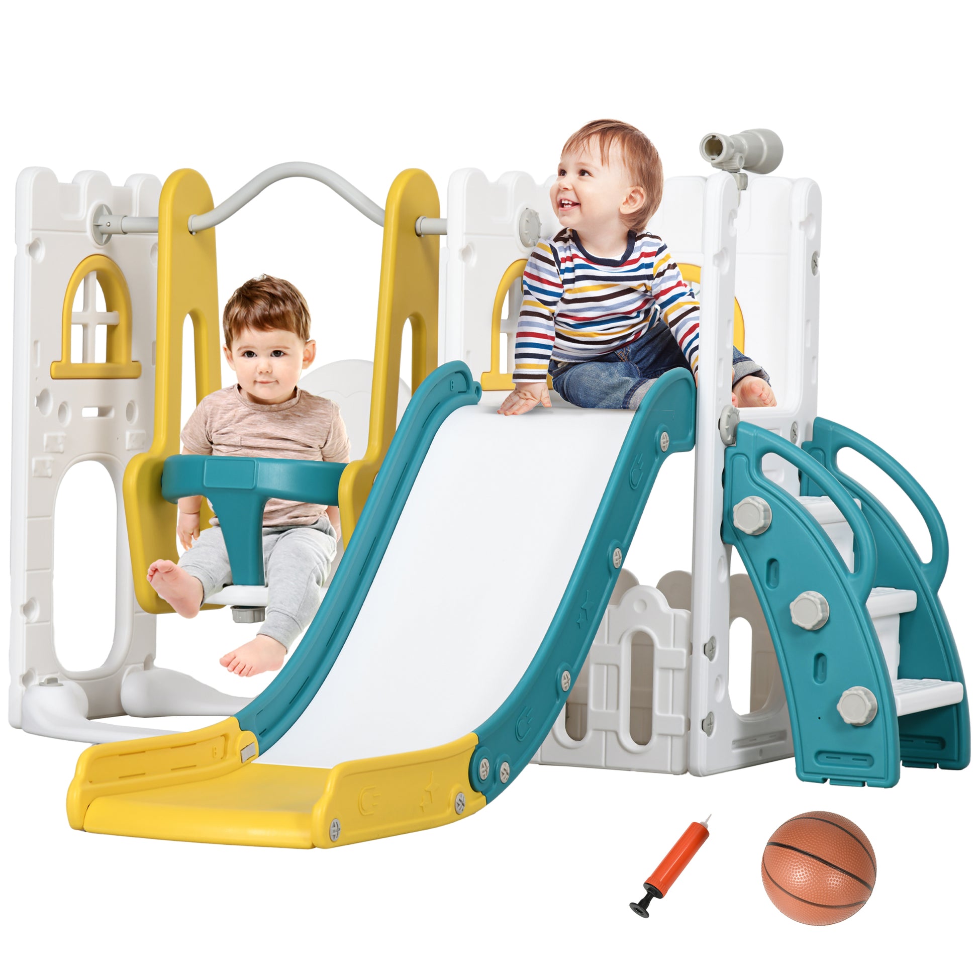 Qaba 6 In 1 Toddler Slide And Swing Set, Baby Slide For Age 1 3 Years With Basketball Hoop, Climber, Storage Space, Telescope, Indoor Playground, Yellow Yellow Plastic