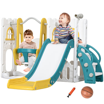 Qaba 6 In 1 Toddler Slide And Swing Set, Baby Slide For Age 1 3 Years With Basketball Hoop, Climber, Storage Space, Telescope, Indoor Playground, Yellow Yellow Plastic