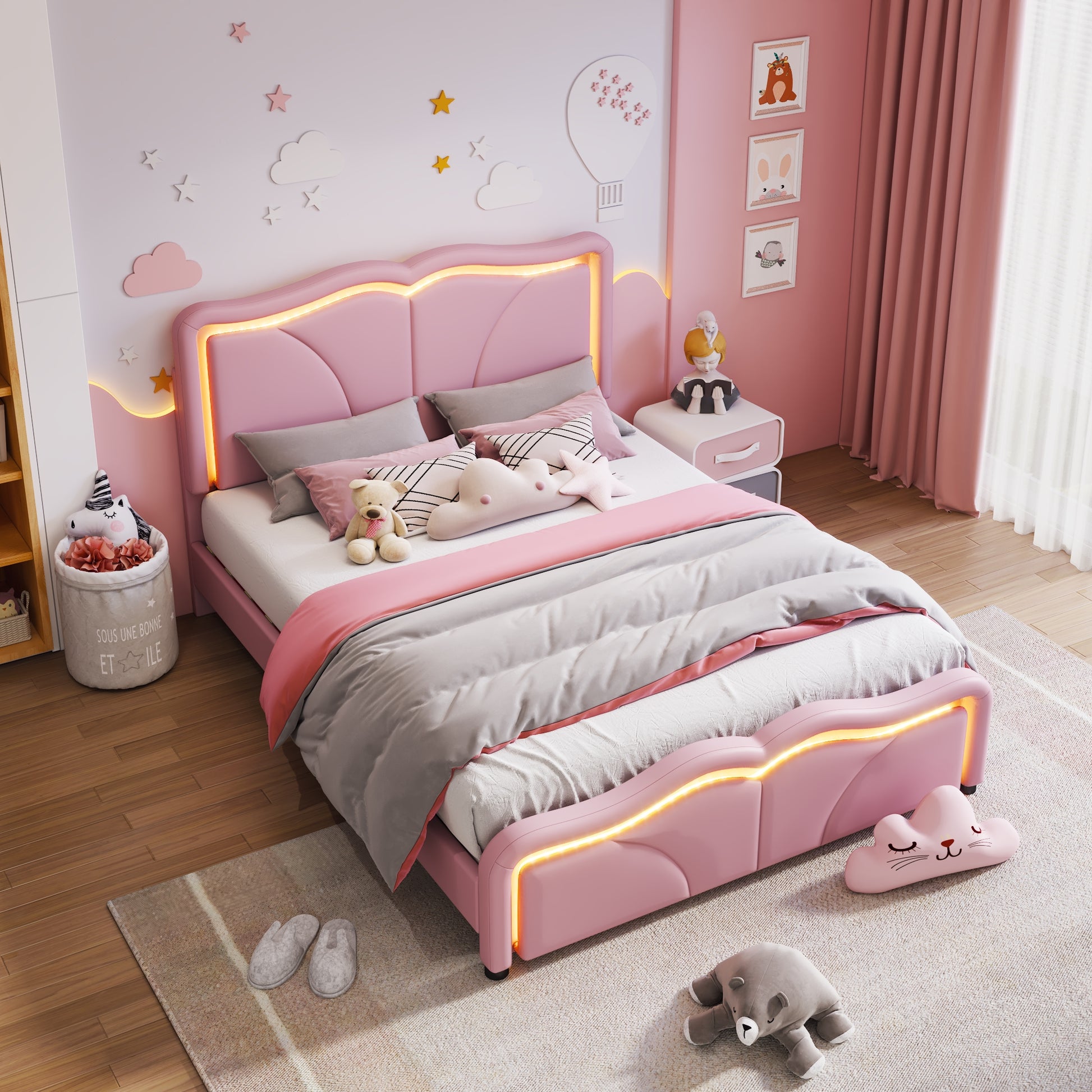 Full Size Upholstered Platform Bed With Curve Shaped And Height Adjustbale Headboard,Led Light Strips,Pink Full Pink Upholstered