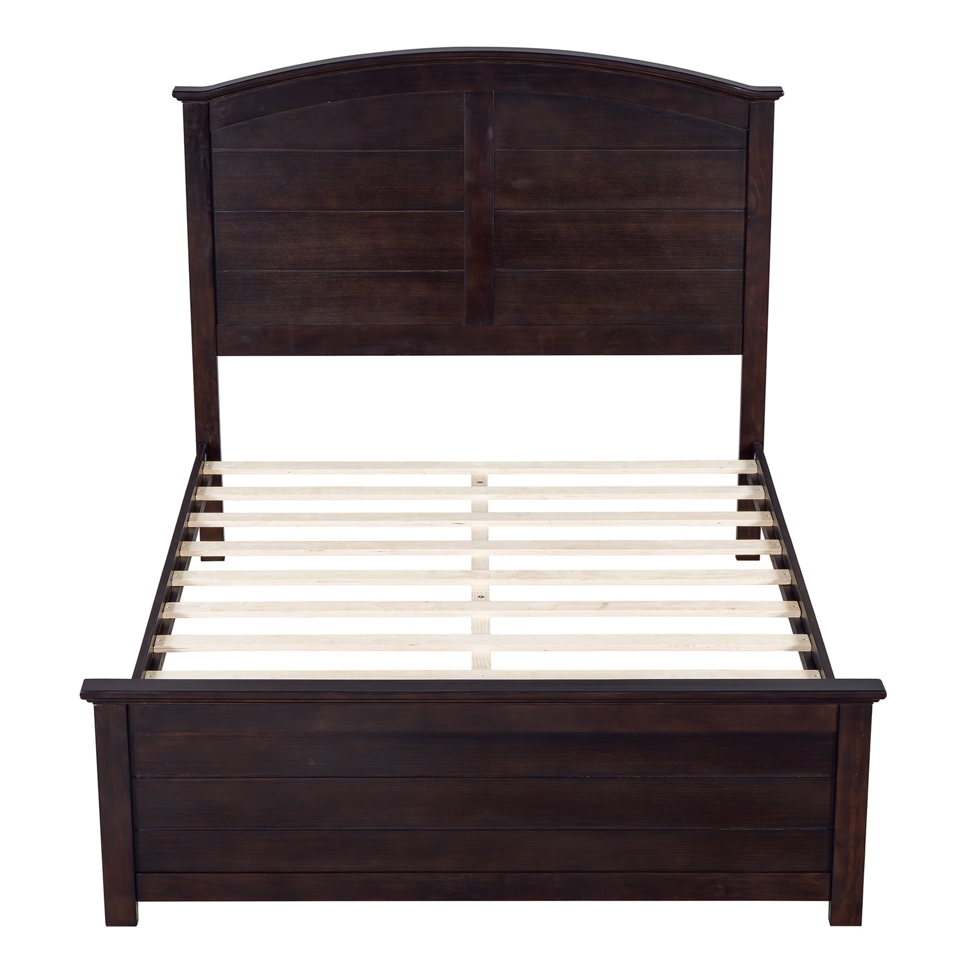 Farmhouse Wooden Platform Full Size Bed With Curl Design Headboard And Footboard For Teenager, Espresso Full Espresso Pine