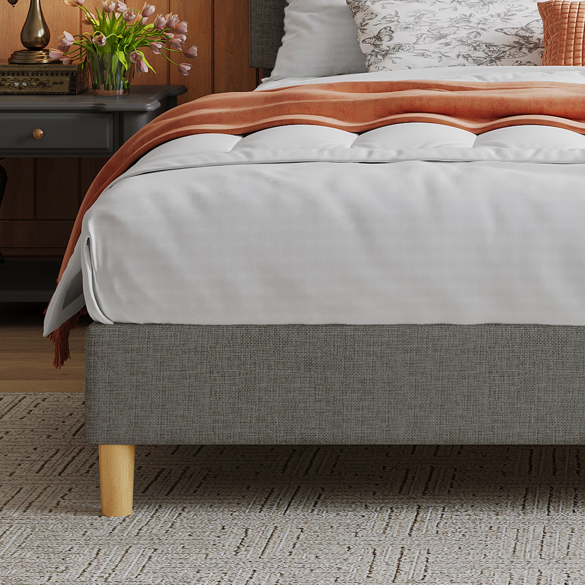 Queen Size, Cotton Linen Fabric, Mesh Mounted Bed, Stable, Easy To Assemble, Dark Grey Queen Dark Gray Mdf Acacia