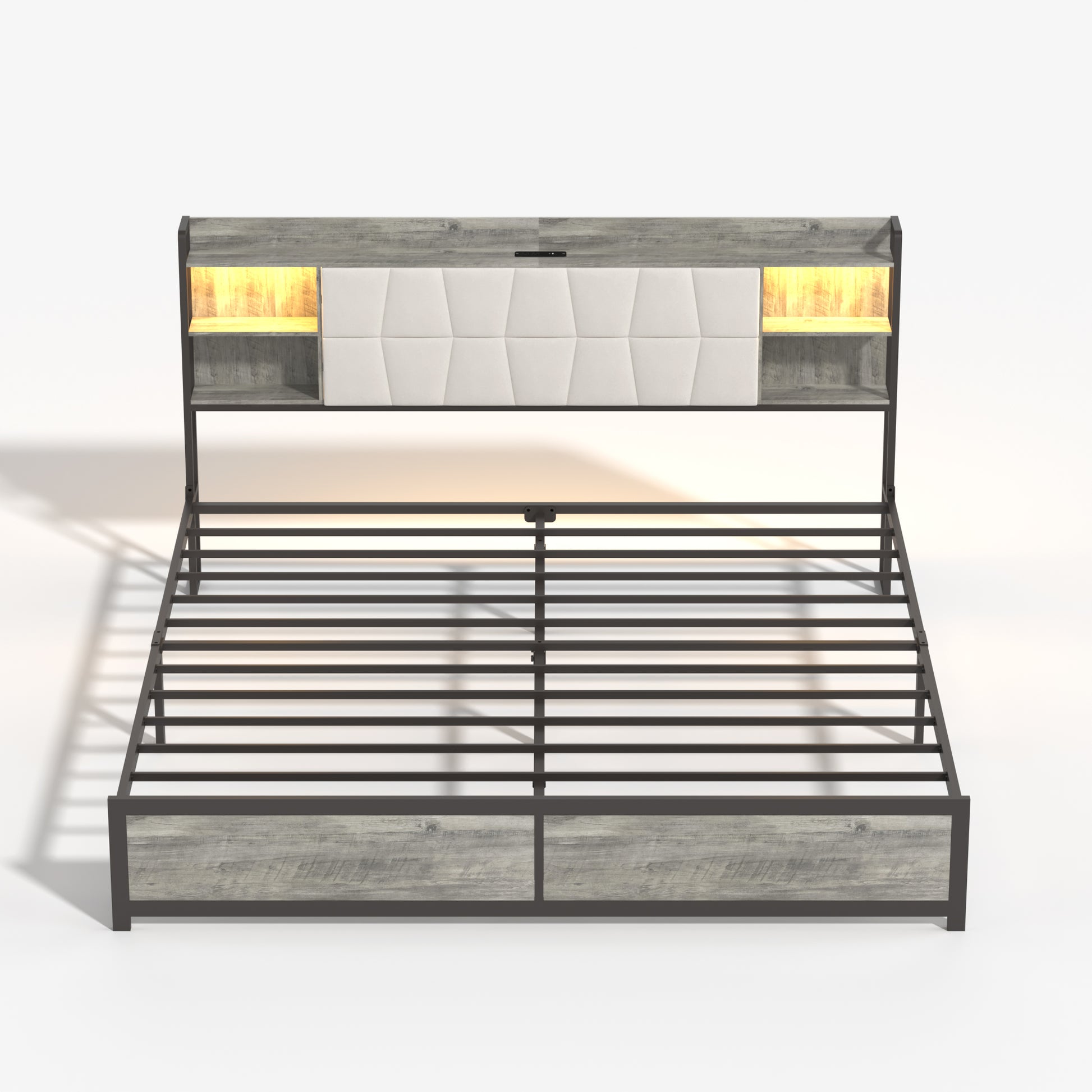 King Size Bed Frame With Led Light & Power Outlet, Platform Bed With Upholstered Headboard And Storage, Sturdy Metal Slats Support, No Box Spring Needed, Easy Assembly, Noise Free Box Spring Not Required King Dark Oak Metal Bedroom Modern Bed Frame Mdf